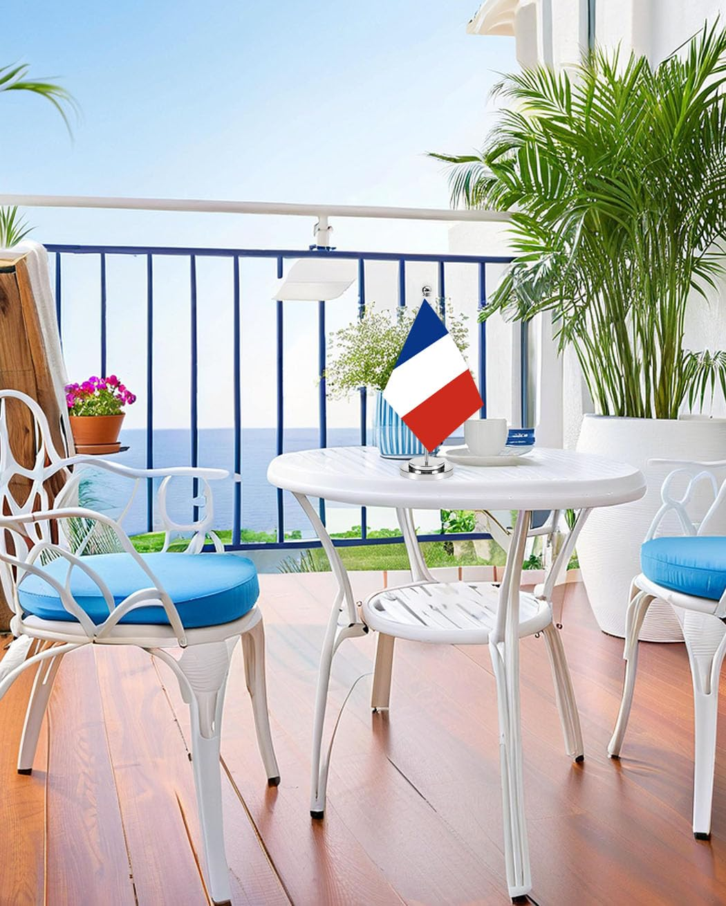 France Miniature Desk Flag Set,8X5 Inch French Small Flag with 12 Inch Bright Silver Flagpole, Deluxe Decorations for House Office Meeting Table