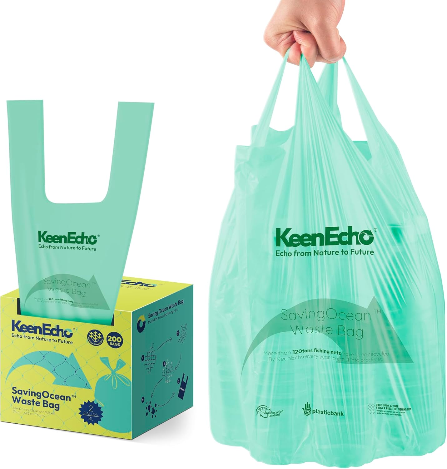 8L 200 Counts Small Green Bin Liners with Handle, Ocean Fishing Nets Upcycling, Sage & Sea Salt Scented, Plastic Bin Bags, Garbage Bags for Kitchen, Bathroom, Office and Pets image number 4