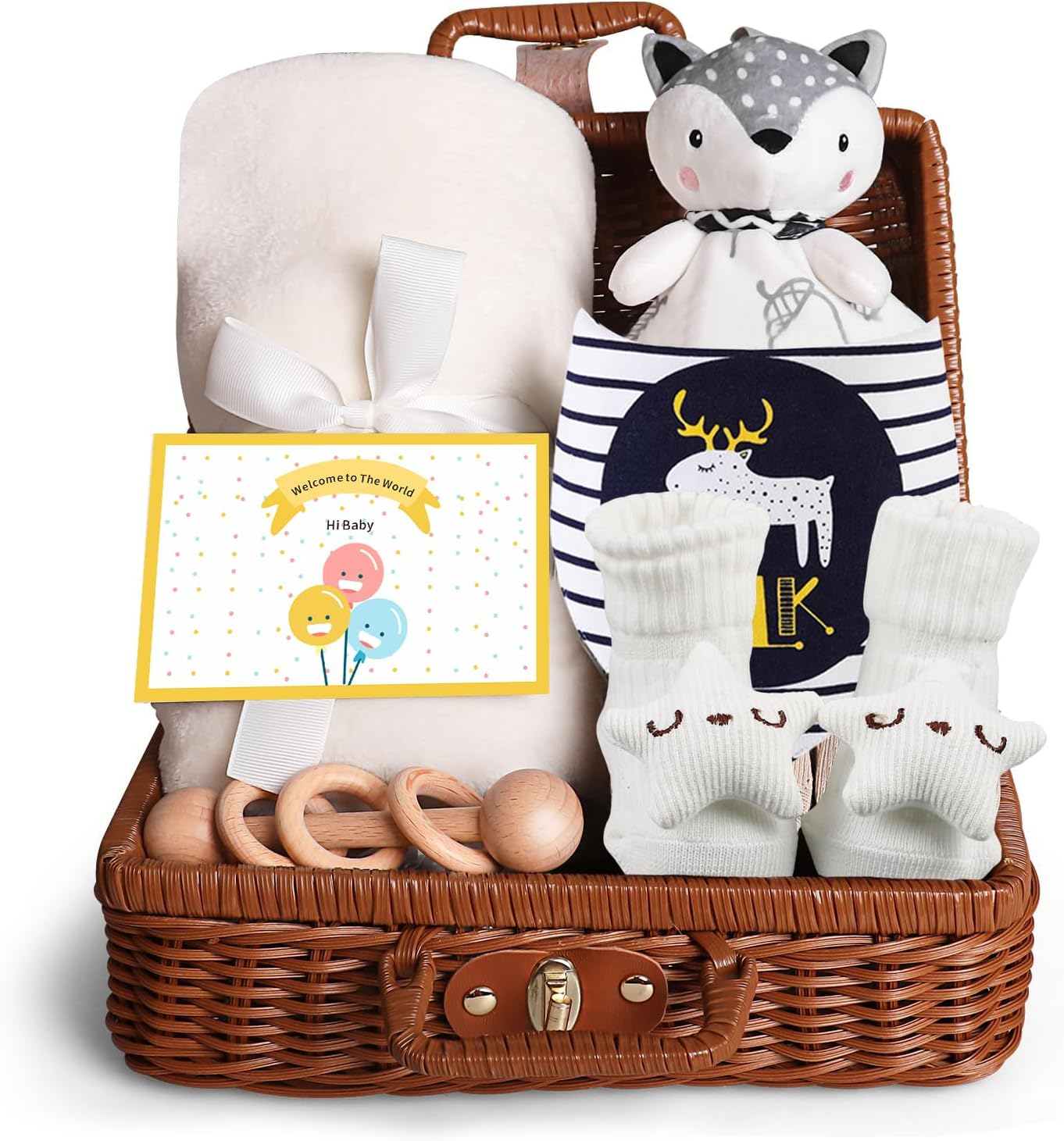 Baby Gifts Set, Baby Shower Gifts, Newborn Baby Gifts Basket, Unisex Baby Gift Set with Baby Blanket, Baby Wooden Rattle, Baby Rattle, Baby Bib, Infant Gift Set