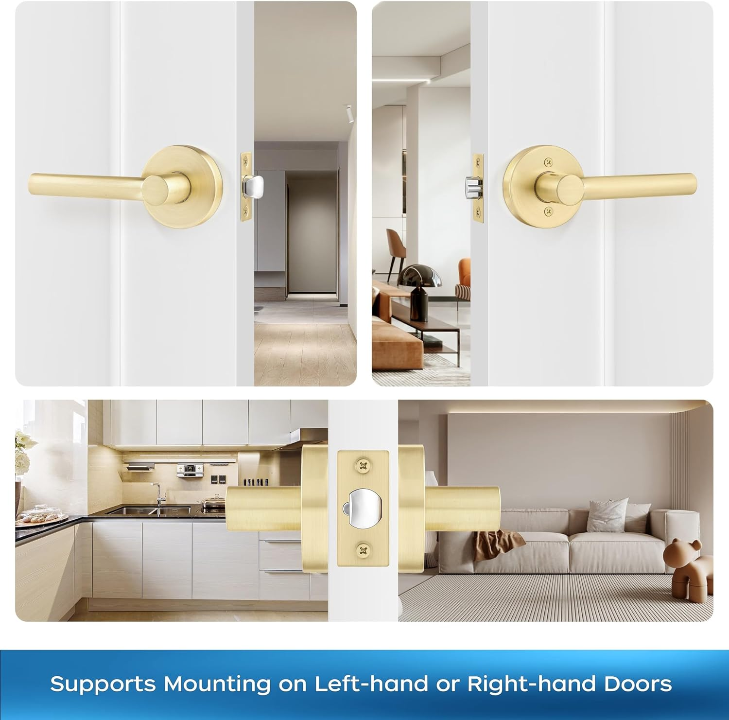 Leydebong 4 Pack Satin Brass Door Handles, Door Knobs Interior in Gold Finish, Passage Door Knobs Heavy Duty Contructions, Keyless Hallway Closet Door Knobs image number 3