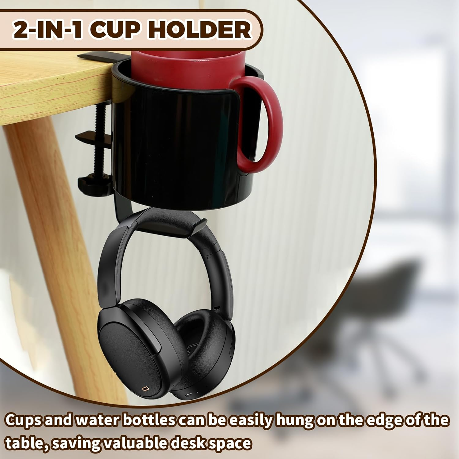 2Pcs Table Cup Holder, with Headphone Hanger, Adjustable Desk Holder Clip on Coffee Mug Organizer, Nonslip Tableside Cup Organizer, for Home Office Outdoors image number 1