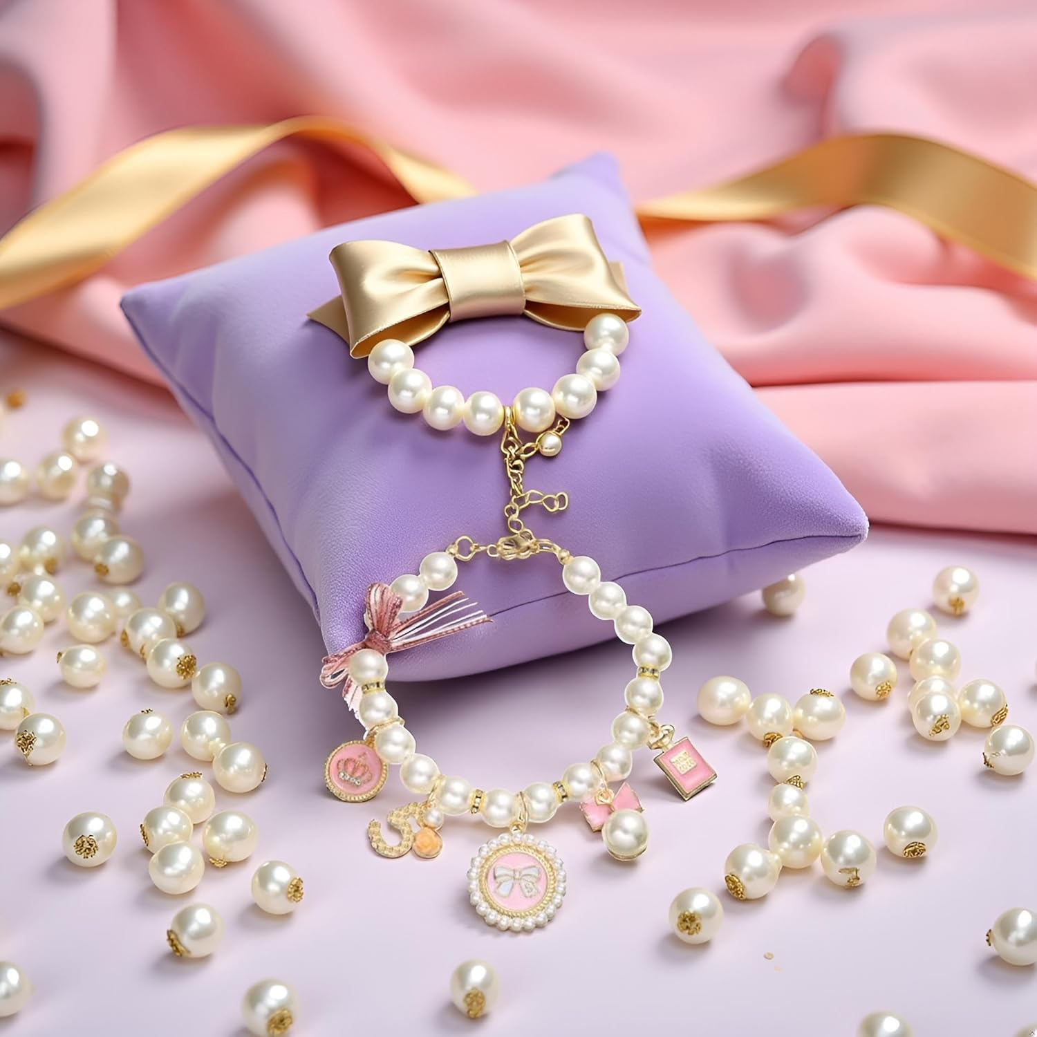 Pink Dog Pearl Collars Pet Necklace Princess Bow Necklace Sweet Bow Cute Collar Puppy Accessories Cat Jewelry Pearl Neck Strap Basic Collars for Dog Cat Adjustable Jewelry Collars(S) image number 3