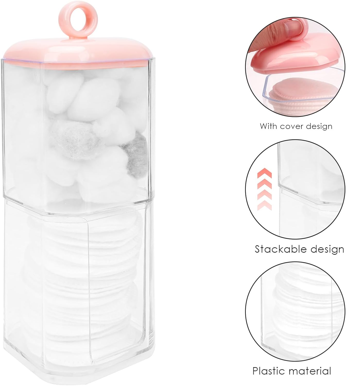 Reignsword Double Layer Cotton Swab Holder Dispenser, Plastic Storage Containers with Lid for Bathroom Vanity Countertop, Clear Bathroom Canisters for Cotton Swab, Ball, Cotton Pad (Pink) image number 2