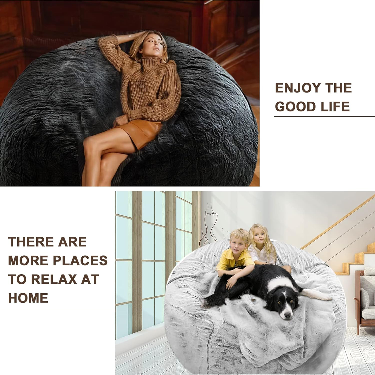 Yudoutech Bean Bag Chair Cover without Filler,Big round Soft Fluffy PV Velvet Washable Bean Bag Lazy Sofa Bed Cover for Adults,Living Room Bedroom Furniture Outside,150Cm Dark Grey.