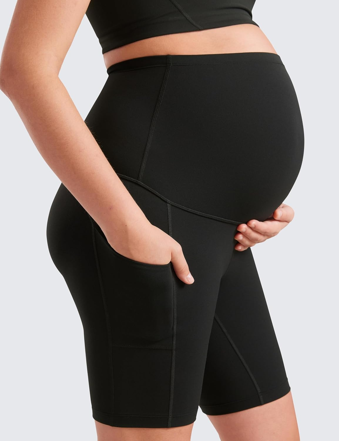 CRZ YOGA Womens Butterluxe Maternity Yoga Biker Shorts with Pockets 8" - over the Belly Pregnancy Workout Athletic image number 6