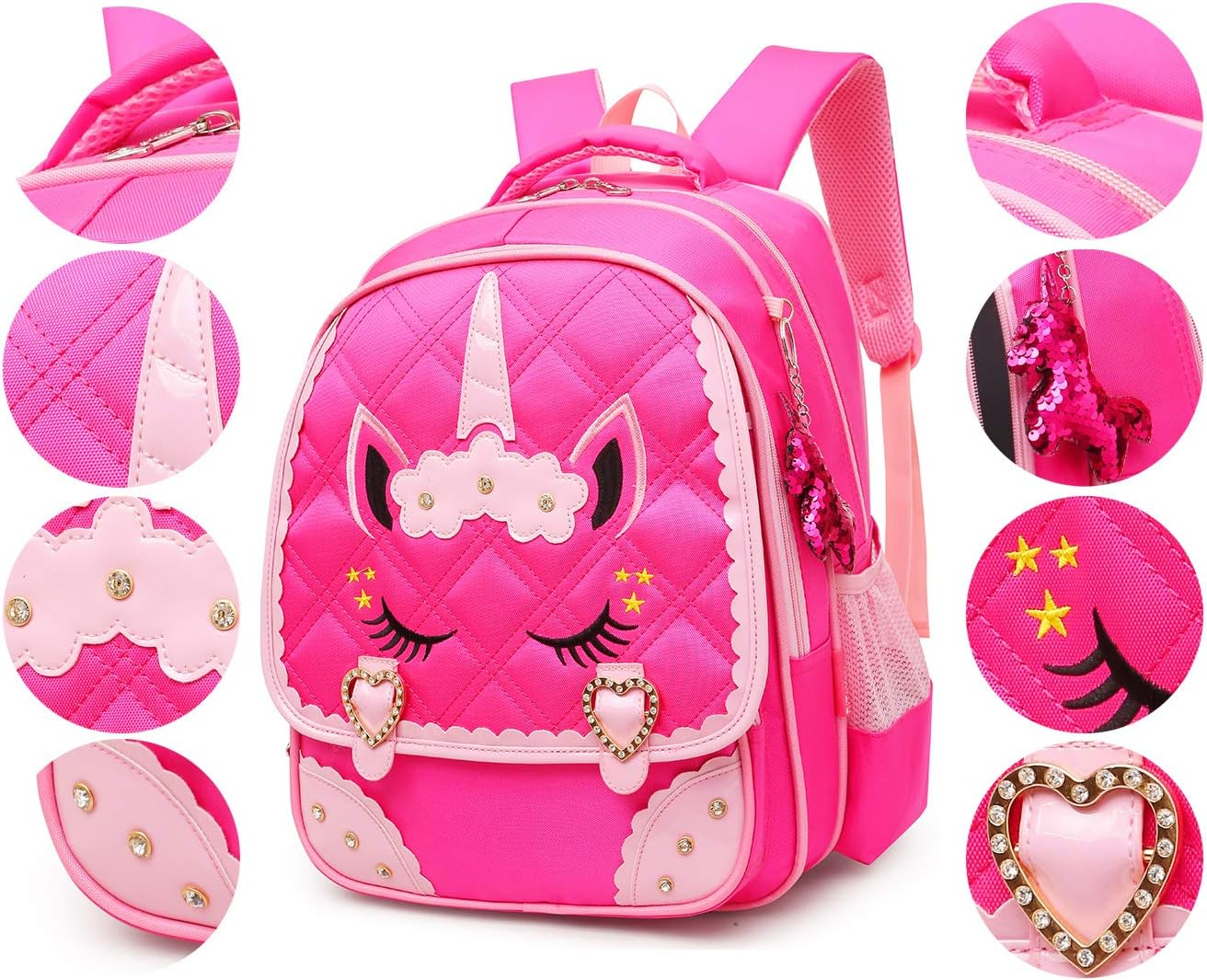 Moonmo Cute Unicorn Face Diamond Sequins Waterproof Princess School Backpack Set Girls Book Bag - Black Set image number 2