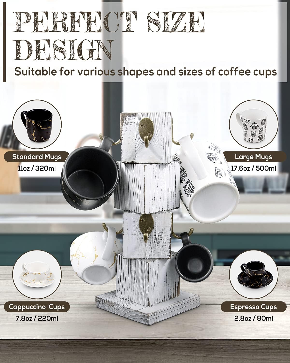 PUERSI Coffee Mug Holder for Counter, Rustic Solid Wood Mug Tree, Farmhouse Wooden Coffee Cup Rack, Distressed Mug Stand with 8 Hooks (Farmhouse White) image number 5