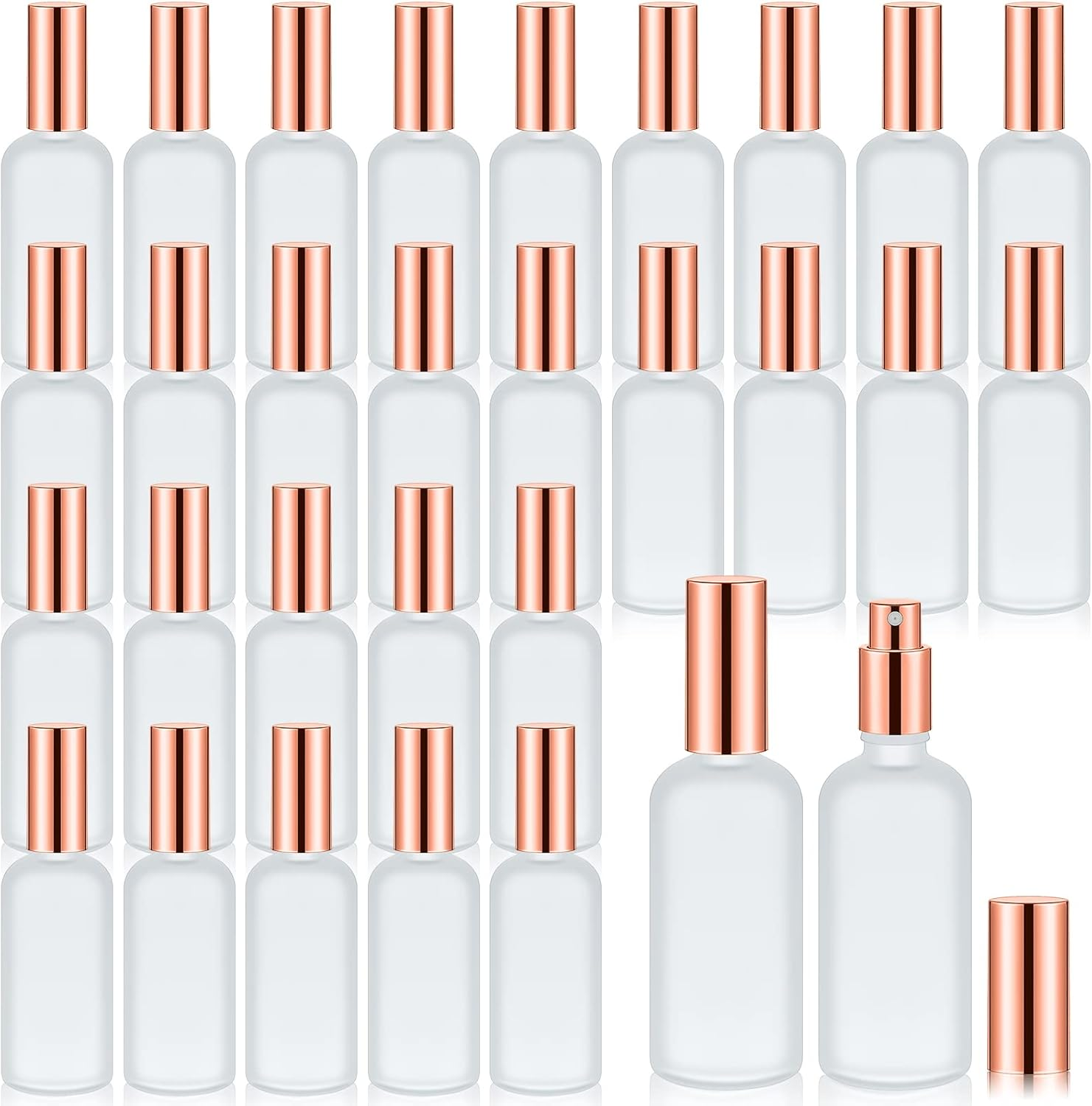 Roshtia 30 Pcs 3.4 Oz/ 100 Ml Rose Gold Glass Spray Bottle Refillable Perfume Atomizer Clear Decorative Empty Bottles with Fine Mist Sprayer Pump for Face Body Travel image number 6