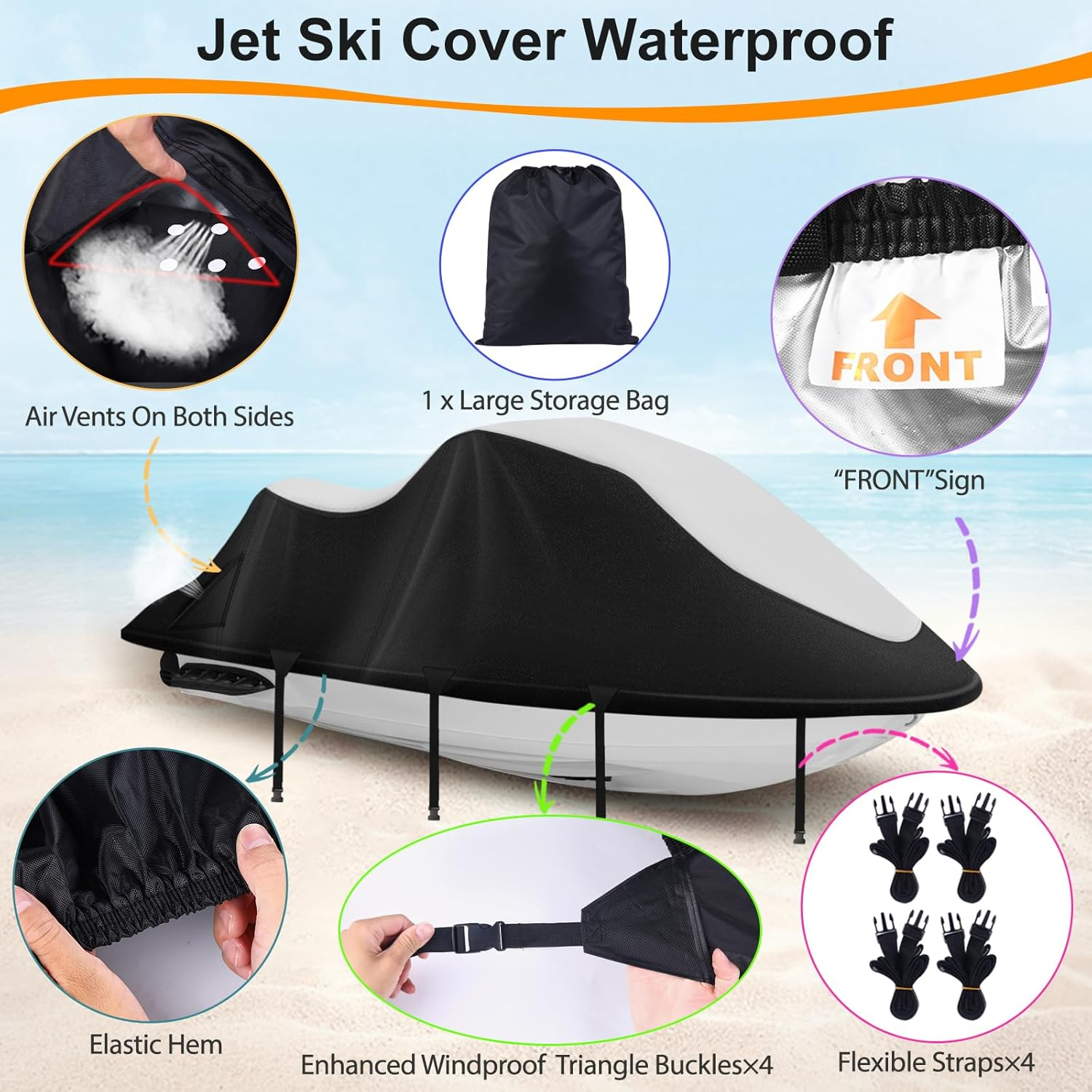 Jet Ski Covers,Upgraded 900D Waverunner Cover Waterproof,Durable Jet Ski Cover 3 Seater with 2 Air Vents，4 Windproof Buckles，Easy on Universal Cover for Seadoo Spark(Silver-Black, XXL:121"-135") image number 6
