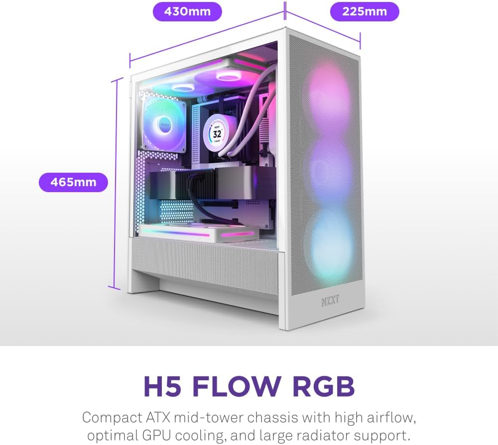 NZXT H5 Flow RGB 2024 - Compact ATX Mid-Tower PC Gaming Case - High Airflow - F360 RGB Core (CV) Included - 360Mm Front & 240Mm Top Radiator Support - Cable Management - Tempered Glass - White image number 6