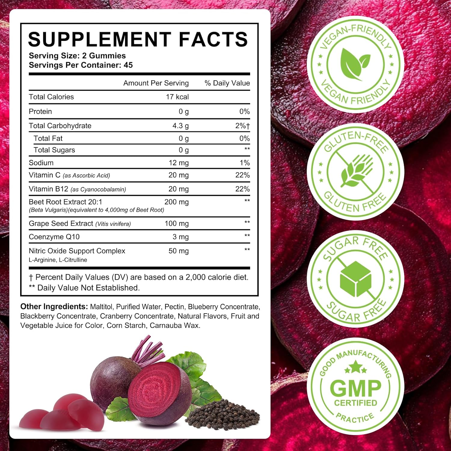 Nitric Oxide Beet Gummies | 8-In-1 Premium Blend with Grape Seed, Coq10, Black Pepper, Vitamins C & B12 | 4000Mg Equivalent per Serving | Natural Beetroot Supplement | 90 Gummies image number 5