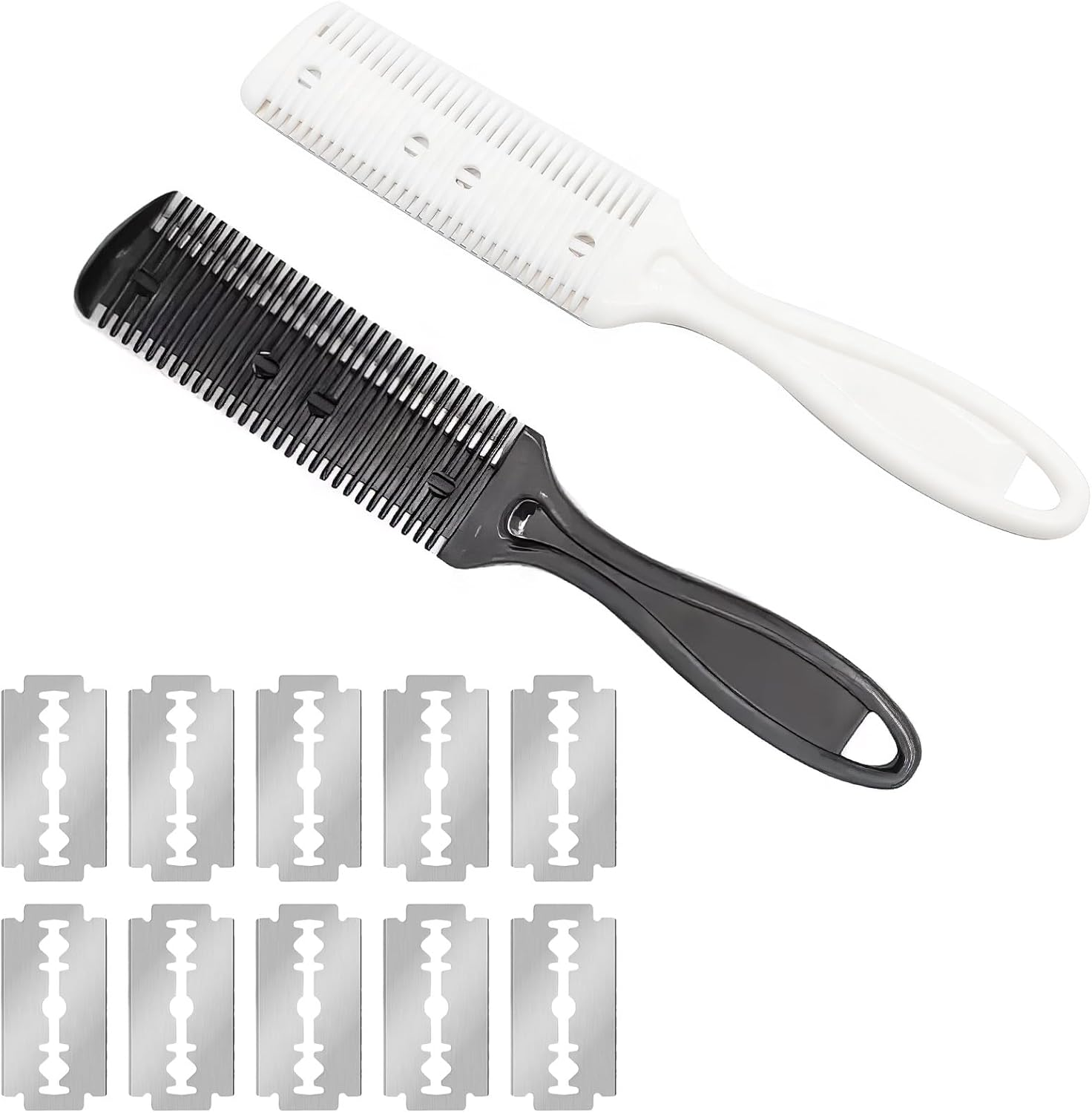 SWYSGS Pack of 2 Thinning Knife Hair Razor Comb with 10 Replacement Blades Double-Sided Hair Cutting Trimmer Comb Thinning Hair Cutting Tool for Haircut and Styling, White and Black