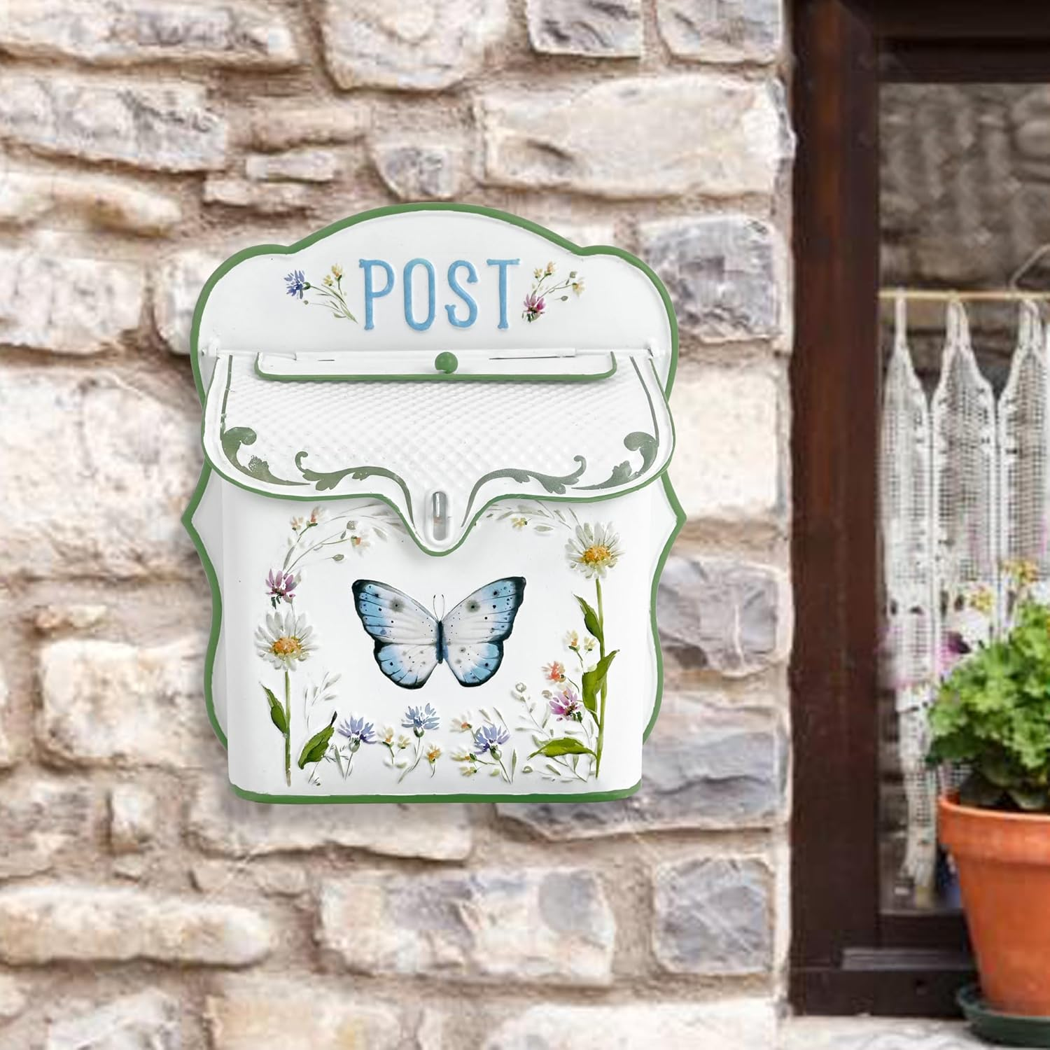 Z&sup2; Belladecor Mailbox Wall Mount Mailboxes for outside Vintage Mail Boxes for House outside Metal Drop Box Antique Style Nostalgic Charm Home Decorative, Butterfly Pattern, White - White B image number 4