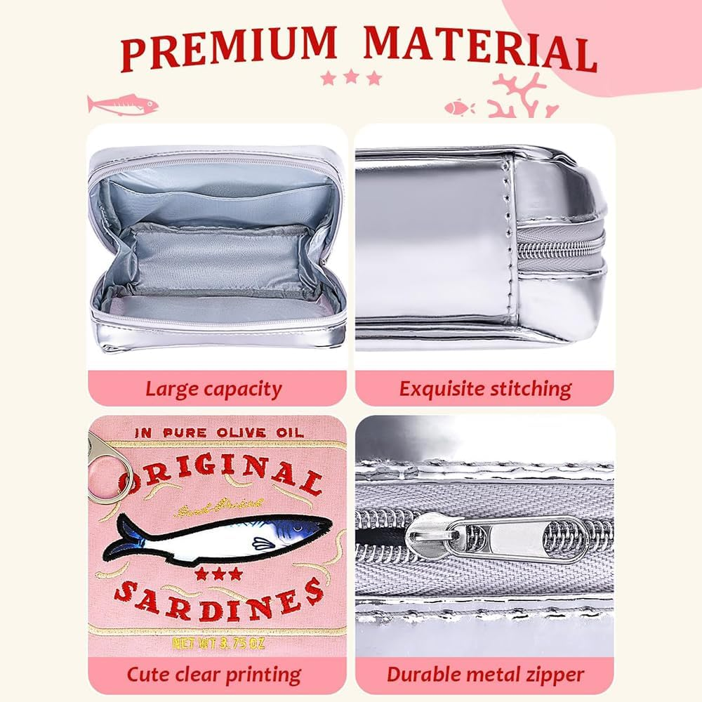 Canned Sardines Makeup Bag &ndash; Cute Kawaii Cosmetic Pouch, Funny Waterproof Travel Toiletry Bag for Women, Creative Fish Design Pencil Case Organizer (Blue) (Pink) image number 3