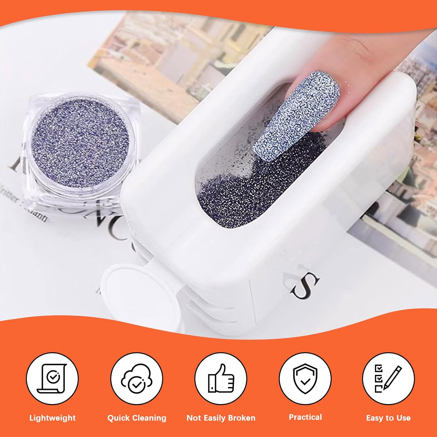 Tanstic 7Pcs Portable Dip Powder Nail Kit, Including Dip Powder Recycling Tray System Nail Dip Container with Scoop, Double-Ended Cuticle Pusher, Nail File, Nail Dust Brush, Funnel for Nail Art Nail Care