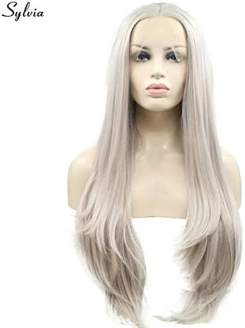 Xiweiya Long Silver Blonde Lace Front Wigs Light Silver Synthetic Lace Front Wig 13X3 Lace Silver Grey Wig Heat Resistant Fiber Half Hand Tied Middle Part for Women Drag Queen 24Inch image number 5
