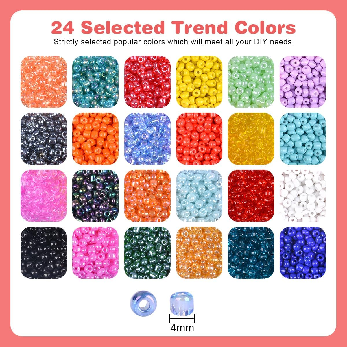 ANSHINE 4100Pcs 4Mm Glass Seed Beads Kit with 24 Colors, Letter Beads & Accessories for Kids' Jewelry Making & Crafts