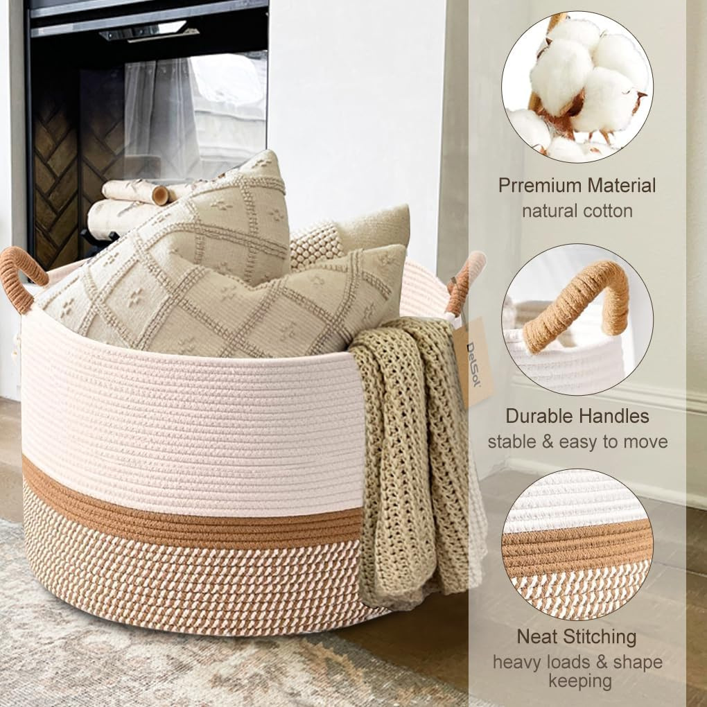 Delsol Large Blanket Basket Woven Wicker Nursery Cotton Rope Baskets for Storage Pillows Clothes Toy Organizer Hamper with Handle (Camel & White)