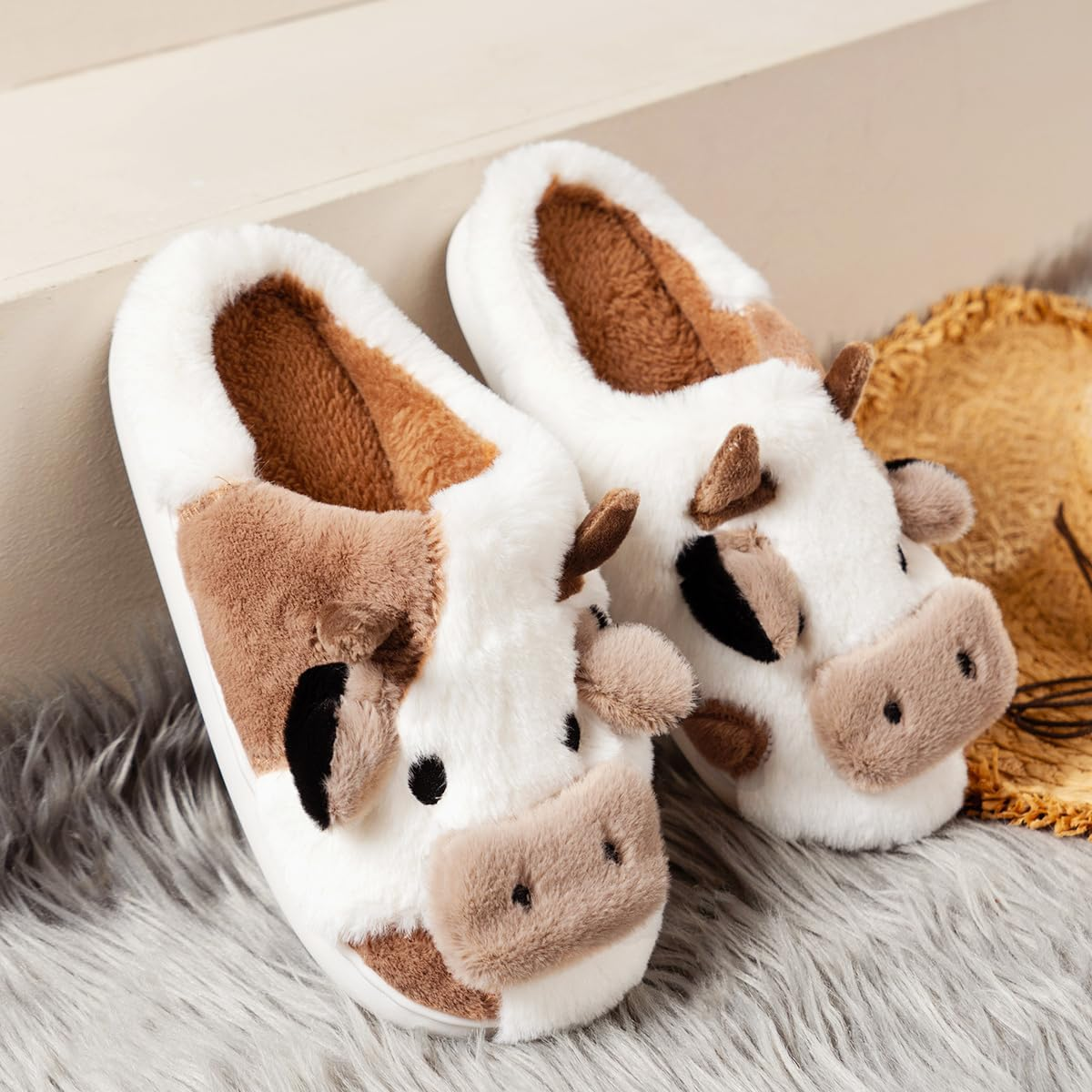 RAGEFIVE Cute Cow Slippers for Women Girls Fuzzy Plush Cotton Slippers Household Indoor Outdoor Slippers image number 4