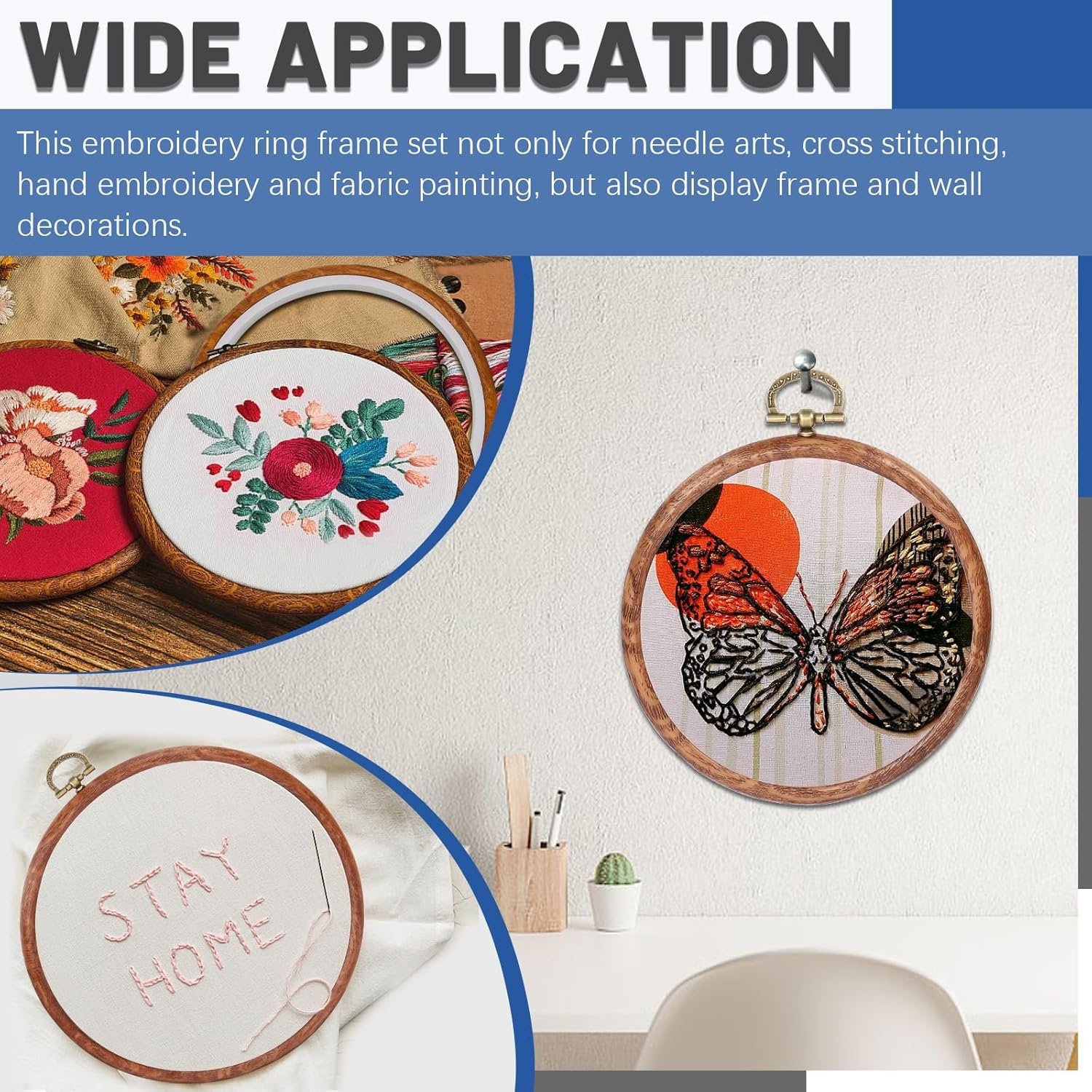 Glarks 3Pcs Circle Embroidery Hoops Set, 4.3In 6.69In 8.26In Imitated Wood Display Frame, Reusable Cross Stitch Hoop Ring with Mental Buckle Ideal for Art Craft DIY Sewing and Hanging Ornaments Decor image number 6