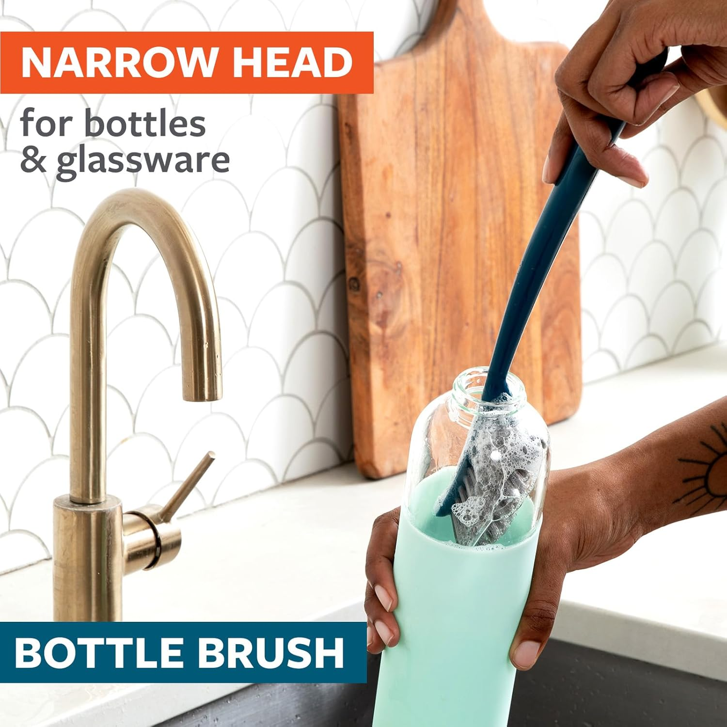 Full Circle Clean Ocean Dish Brush Set of 3 with Heavy-Duty Dish Brush, Bottle Brush & Dish Brush for Cast Iron Cookware, Dishes, Pots, Sinks, Water Bottles, Baby Bottles & Kitchen Cleaning, Teal image number 5