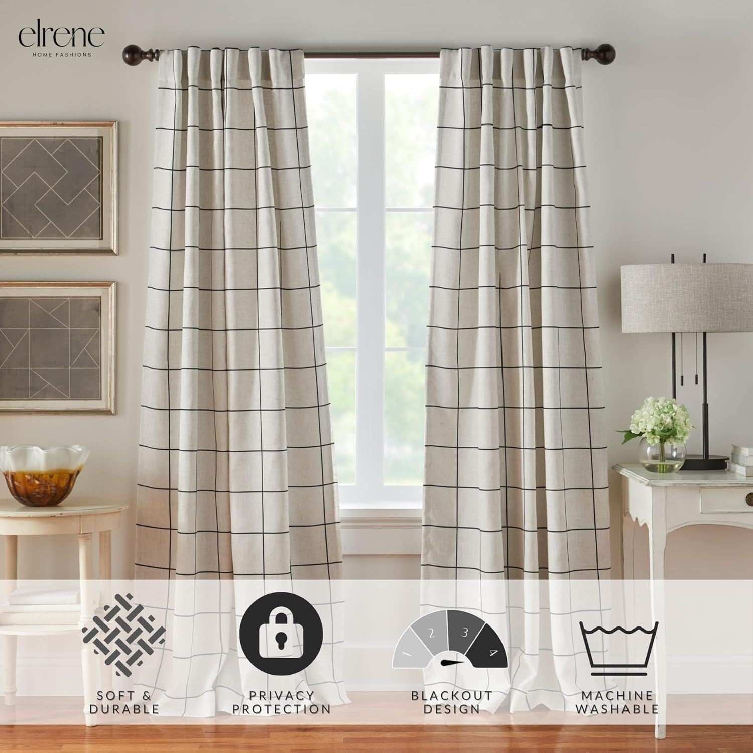 Elrene Home Fashions Brighton Windowpane Plaid Blackout Window Curtain, Living Room and Bedroom Drape with Rod Pocket Tabs, 52" X 95", Black, 1 Panel