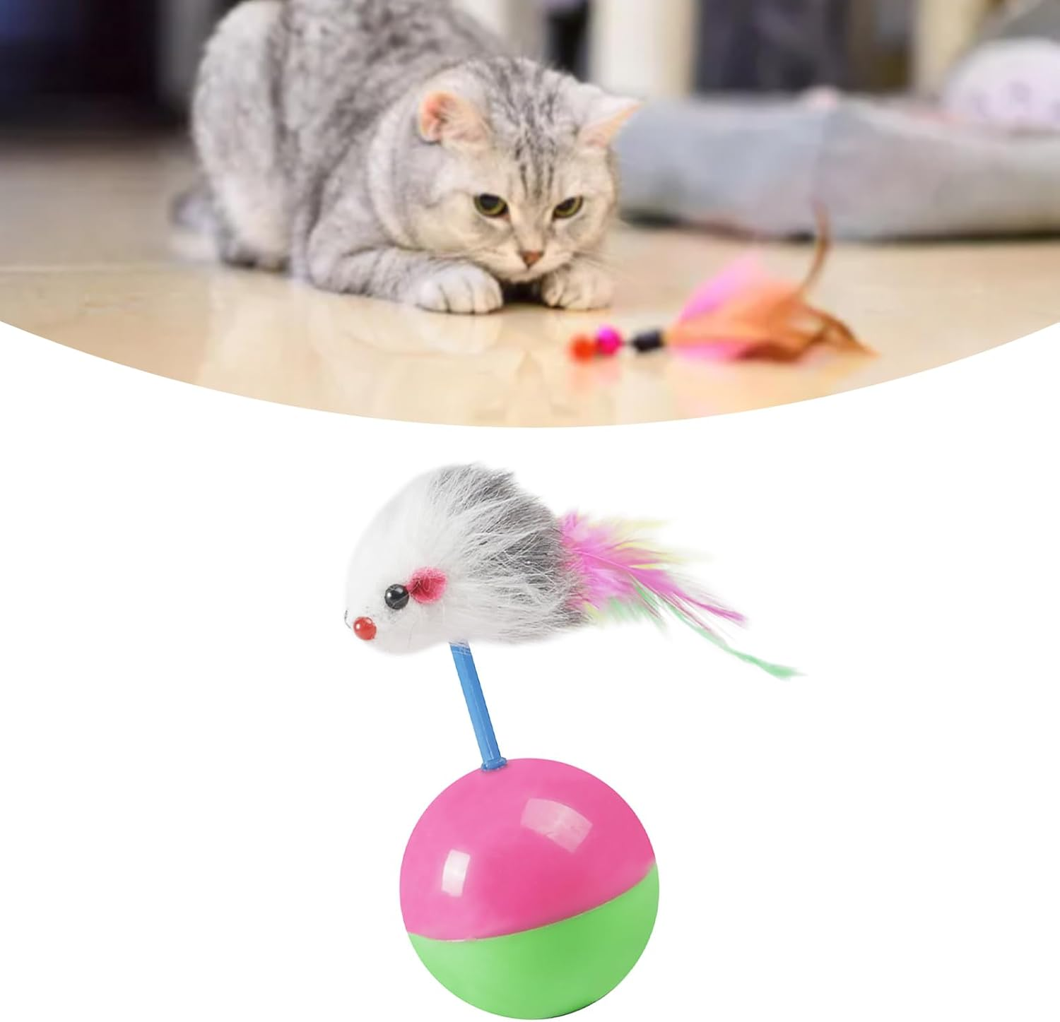 Interactive Cat Toy Ball, Cat Mouse Teaser Toy with Feather, Bobblehead Interactive Ball Toy Rolling Chase Ball Interactive Cat Ball Toy Set for Kitten Play Exercise Entertainment image number 2