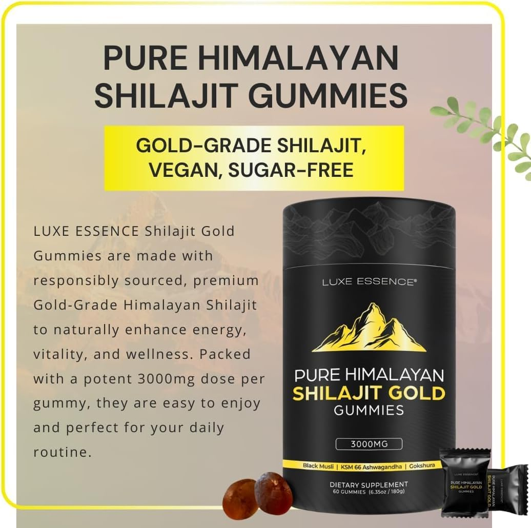 Shilajit Gummies 3000Mg | Pure Himalayan Source with Ashwagandha & Gokshura | Contains Fulvic Acid | No Added Sugar | Non-Gmo | 60 Gummies