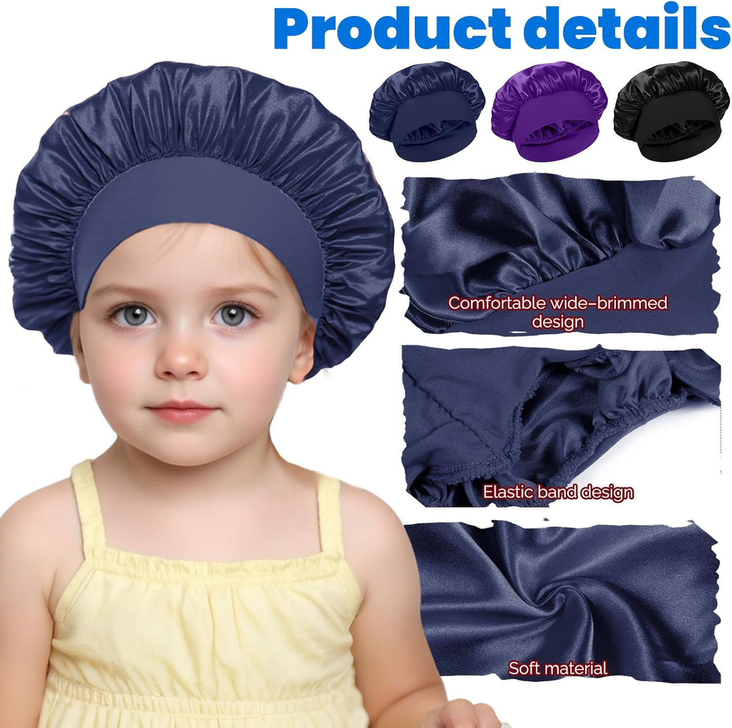 LXUEJEI 3 Pcs Bonnet for Kids, Kids Bonnets for Girls, Satin Silk Hair Bonnet for Sleeping, Soft Wide Band Sleep Cap for Curly Hair Braids Shower Caps for Teens Child Toddler(Blue, Purple, Black) - Black, Pink, Burgundy image number 5