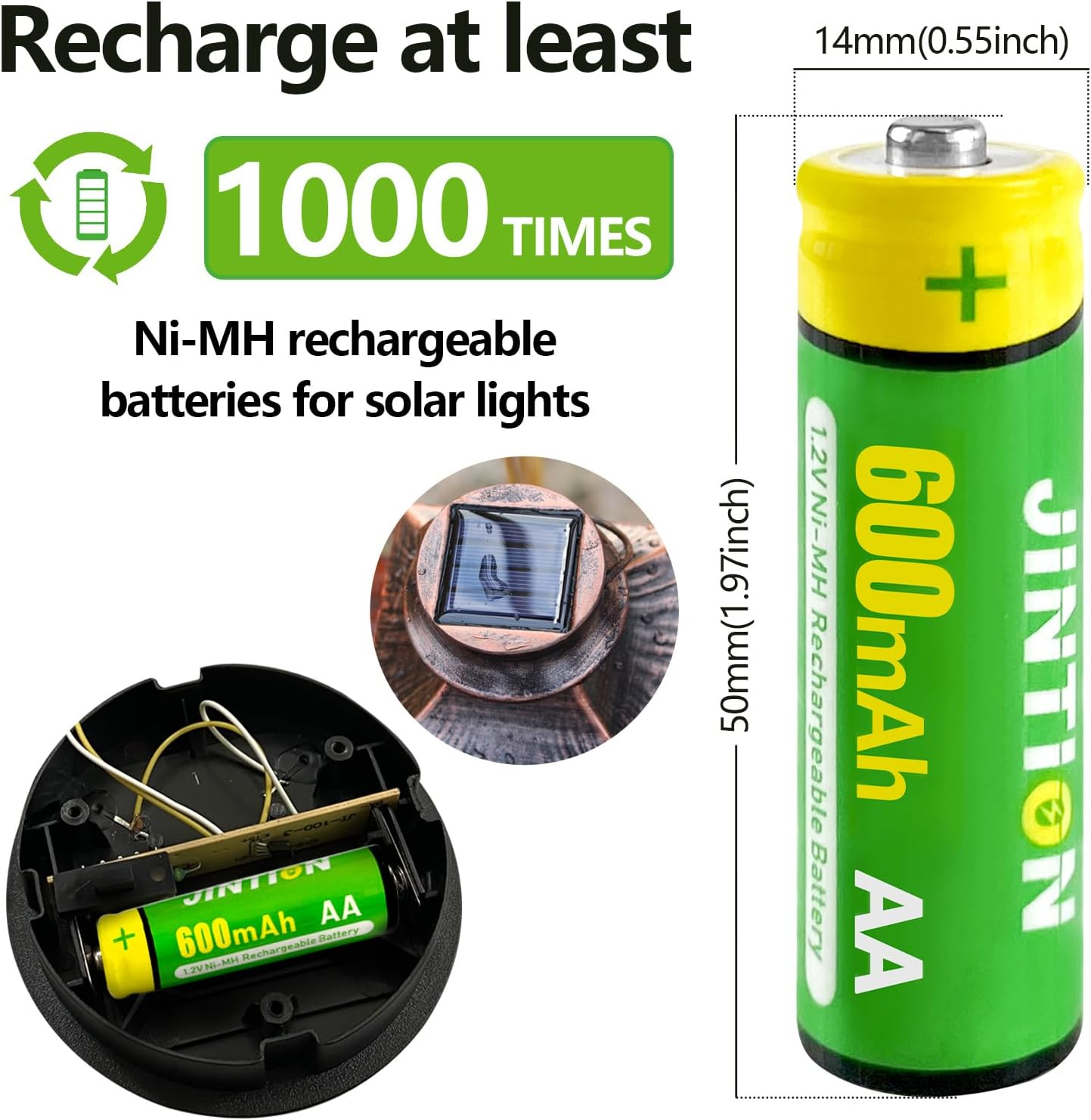 Rechargeable AA Batteries Double a Nimh 600Mah 1.2V Solar Battery Replace for Garden Lights String Light Lanterns Toys Replacement(4 Pack)