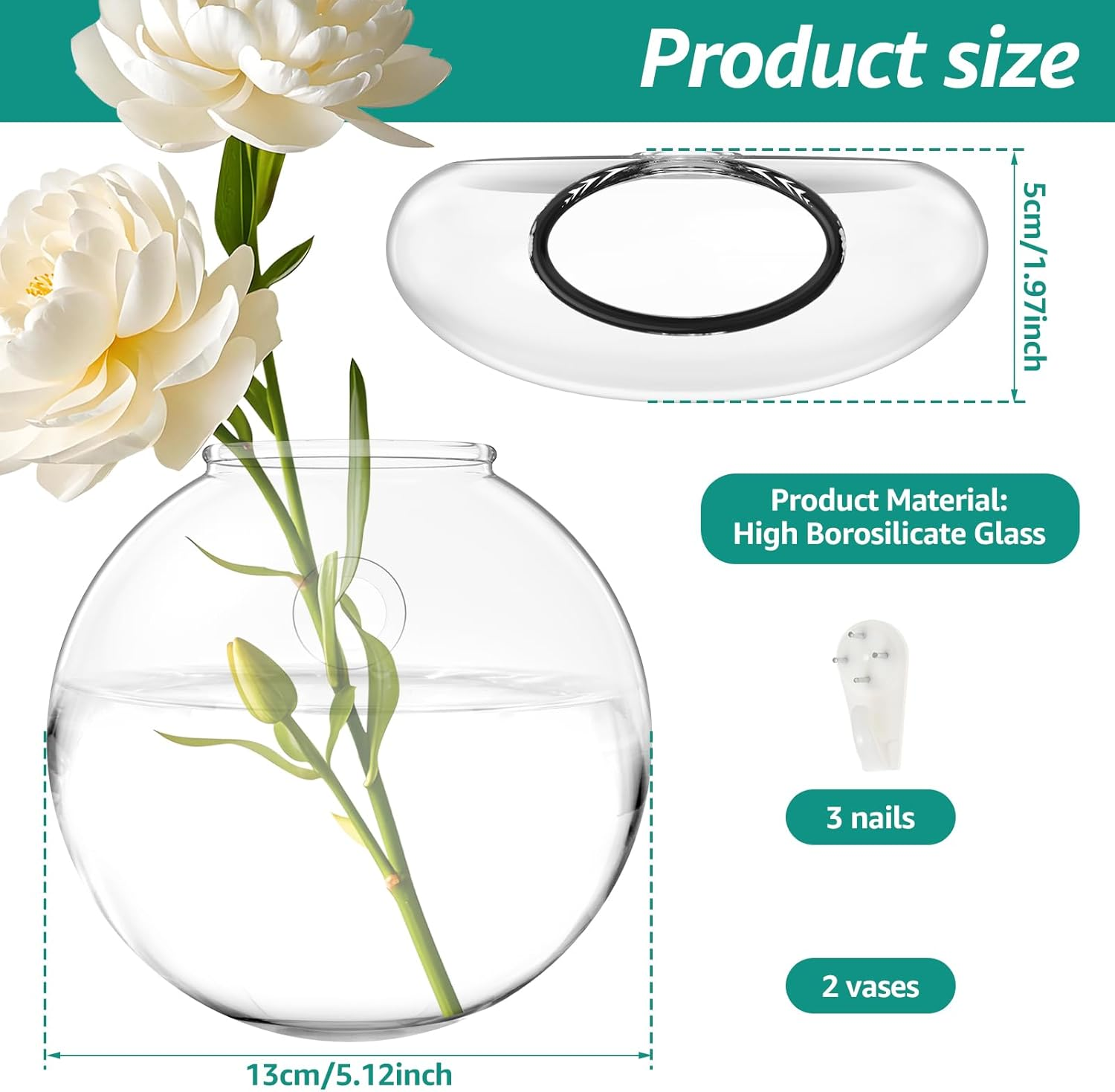 Wall Hanging Planter, Glass Wall Vase with Nail Hook, Clear Wall Mounted Planter Propagation Station for Flowers Hydroponics Plant Home Office Decor (2Pack)