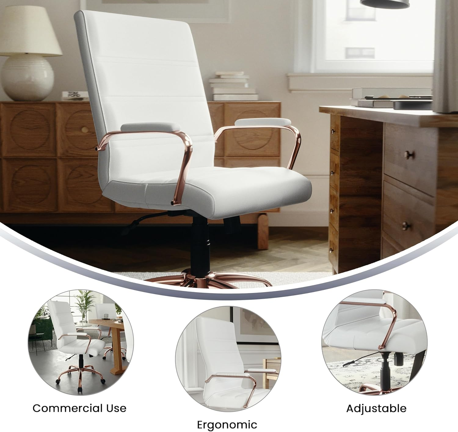 Flash Furniture Mid-Back White Leather Executive Swivel Chair with Rose Gold Frame and Arms image number 6