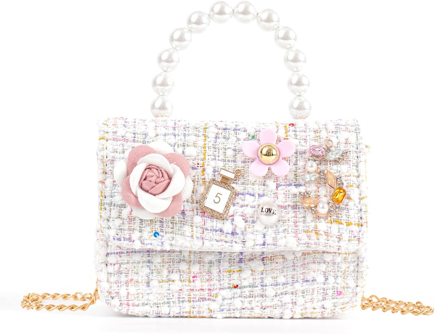 Girls Princess Purses Cute Crown Crossbody Bag Handbag with Pearl Handle for Girls - Flowertype-Beige image number 6