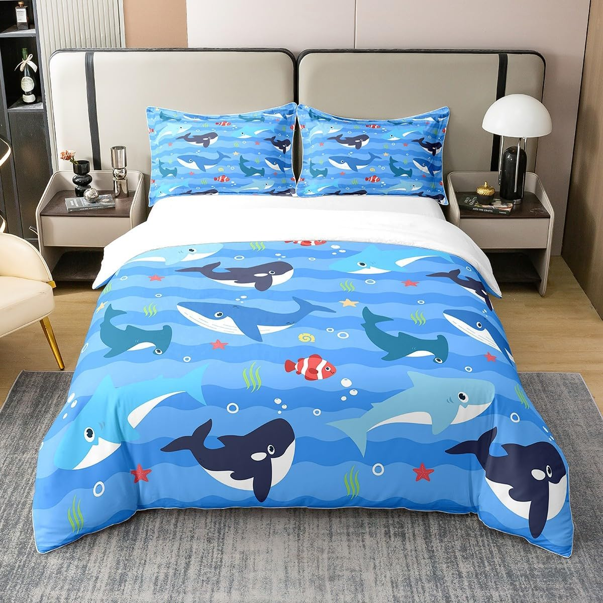Ocean Life 100% Cotton Duvet Cover 155 X 220, Cartoon Shark Whale Bed Linen, Colourful Underwater World Comforter Cover, Abstract Geometric Sea Wave Quilt Cover, Starfish Sea Animals Bed Linen, Blue