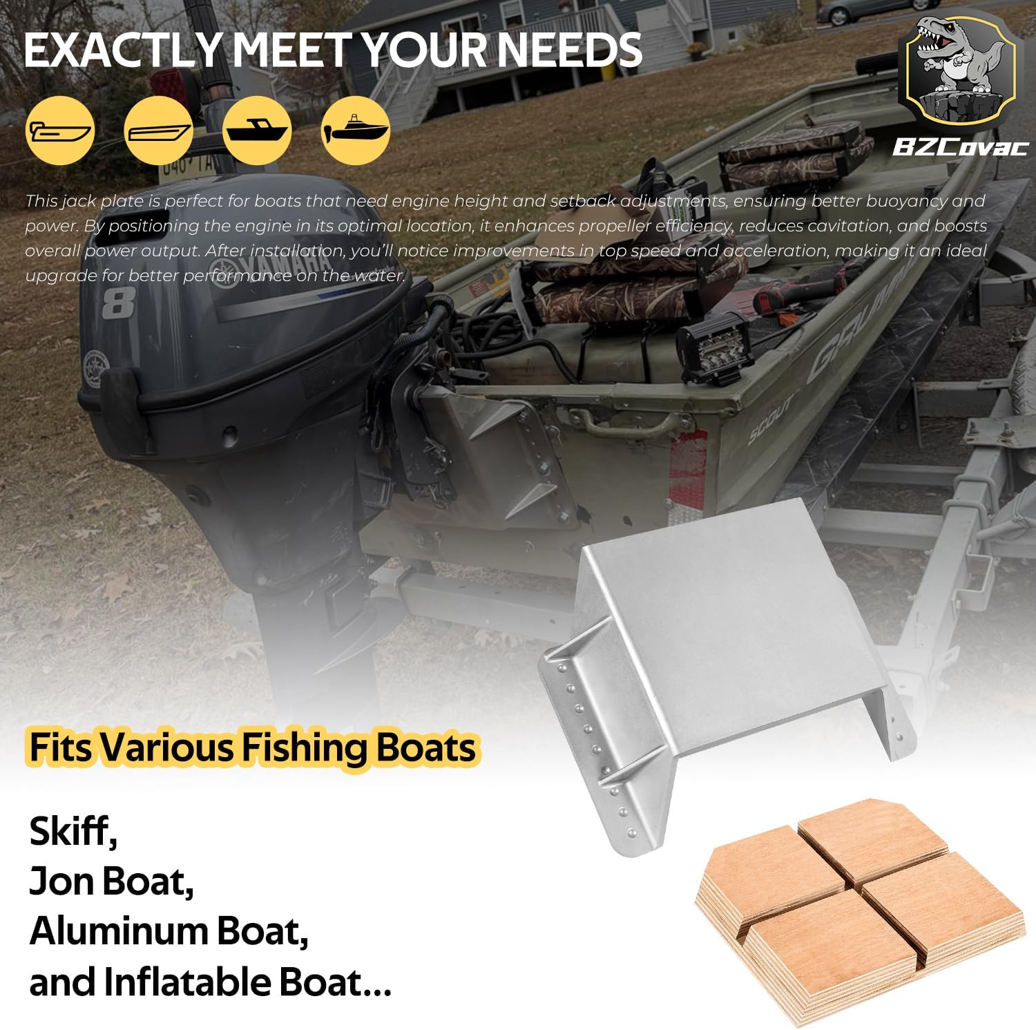 MJ-1-DP Mini Jack Plate with 4" Setback, Fits Outboard Motor up to 35 HP, Cast Aluminum with Mounting Wood image number 4