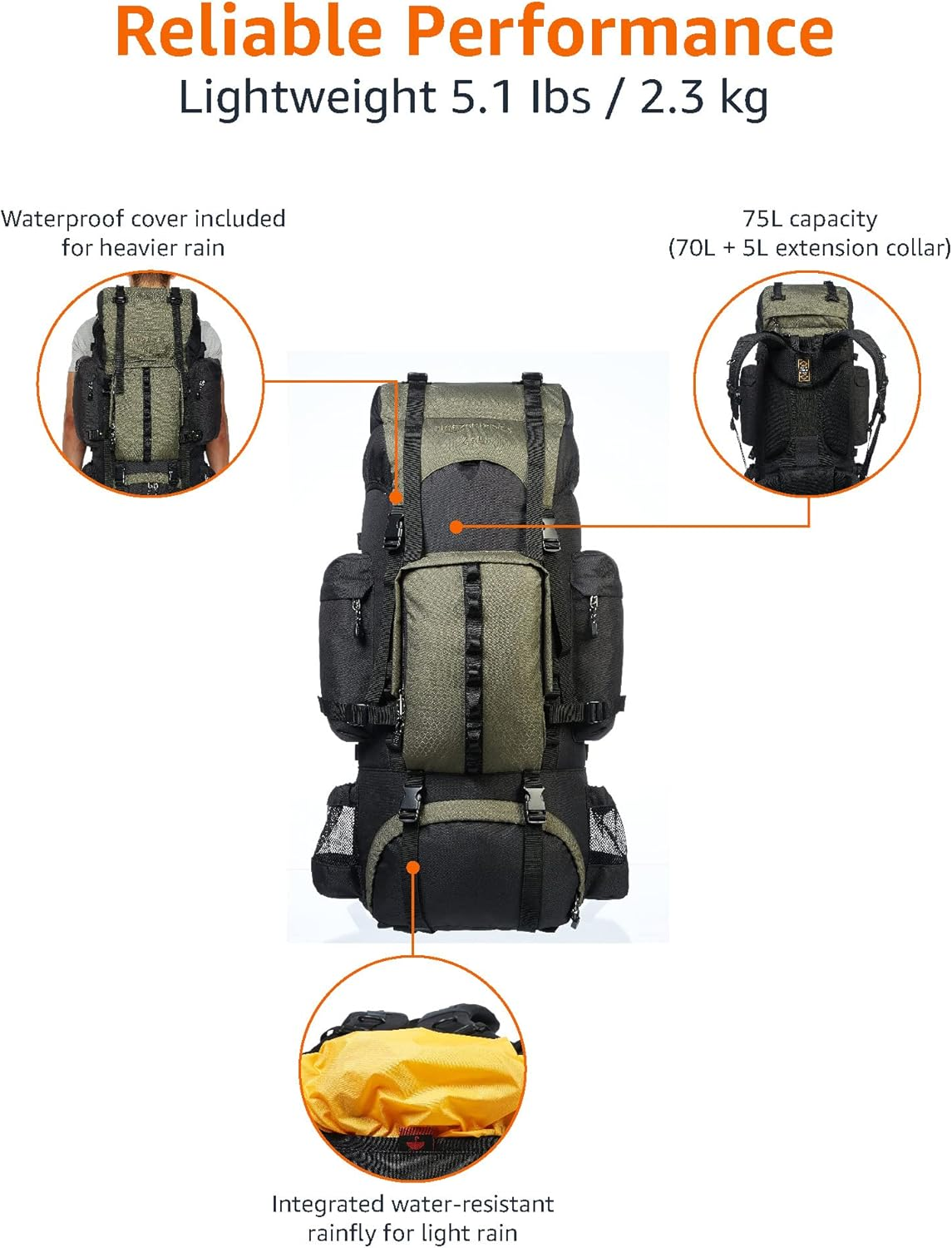 Amazon Basics Internal Frame Hiking Backpack with Rainfly image number 5