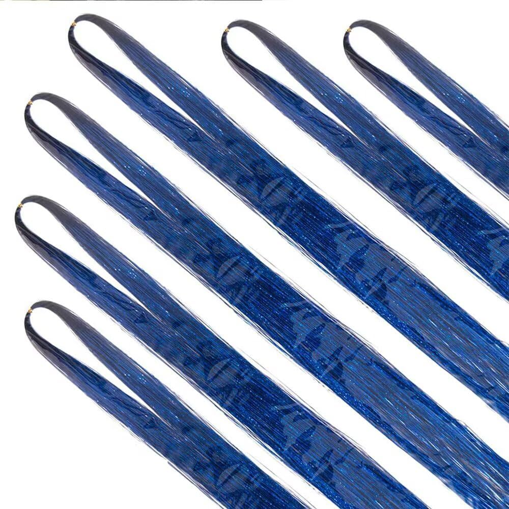 Hair Tinsel Blue 1200 Strands 48 Inches Sparkling Tinsel Hair Extensions, Fairy Hair Tinsel for Birthday Halloween Christmas New Year Party image number 3