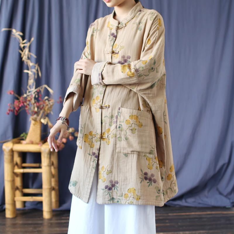 Vintage Ethnic Style Stand-Collar Frog-Button Long-Sleeve Womens Linen Blend Outer Top Beige image number 1