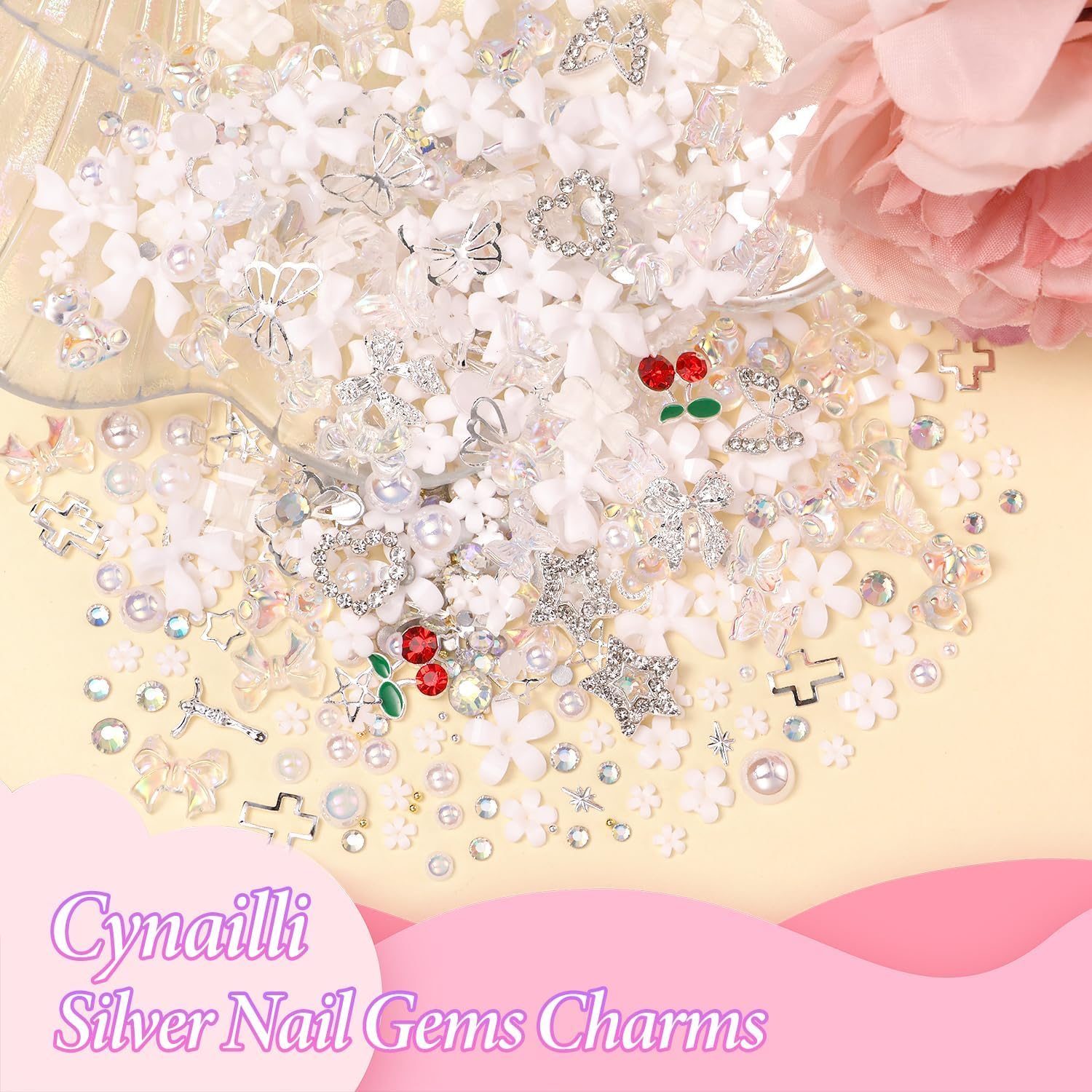 3D Nail Charms and Gems, White Flower Nail Pearls, Polar Clear Butterfly Bear Bows Nails Art Charm, Silver Cherry Star Heart Studs Jewelry Charms for Nails Art Design - Color-Set1 image number 5