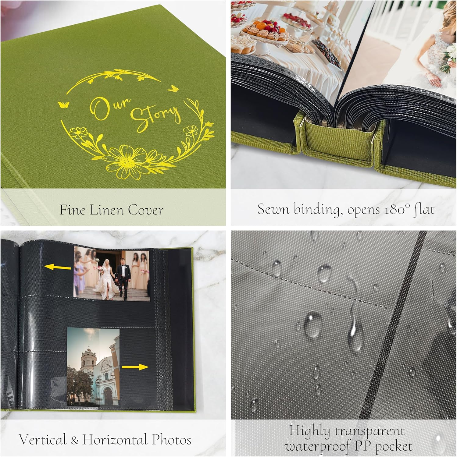 Photo Album 4X6 for 500 Pictures &ndash; Our Story Memory Book with Gold Wreath Cover &ndash; Family Scrapbook for Holiday, Party, Everyday Moments by Kuword, Olive image number 3