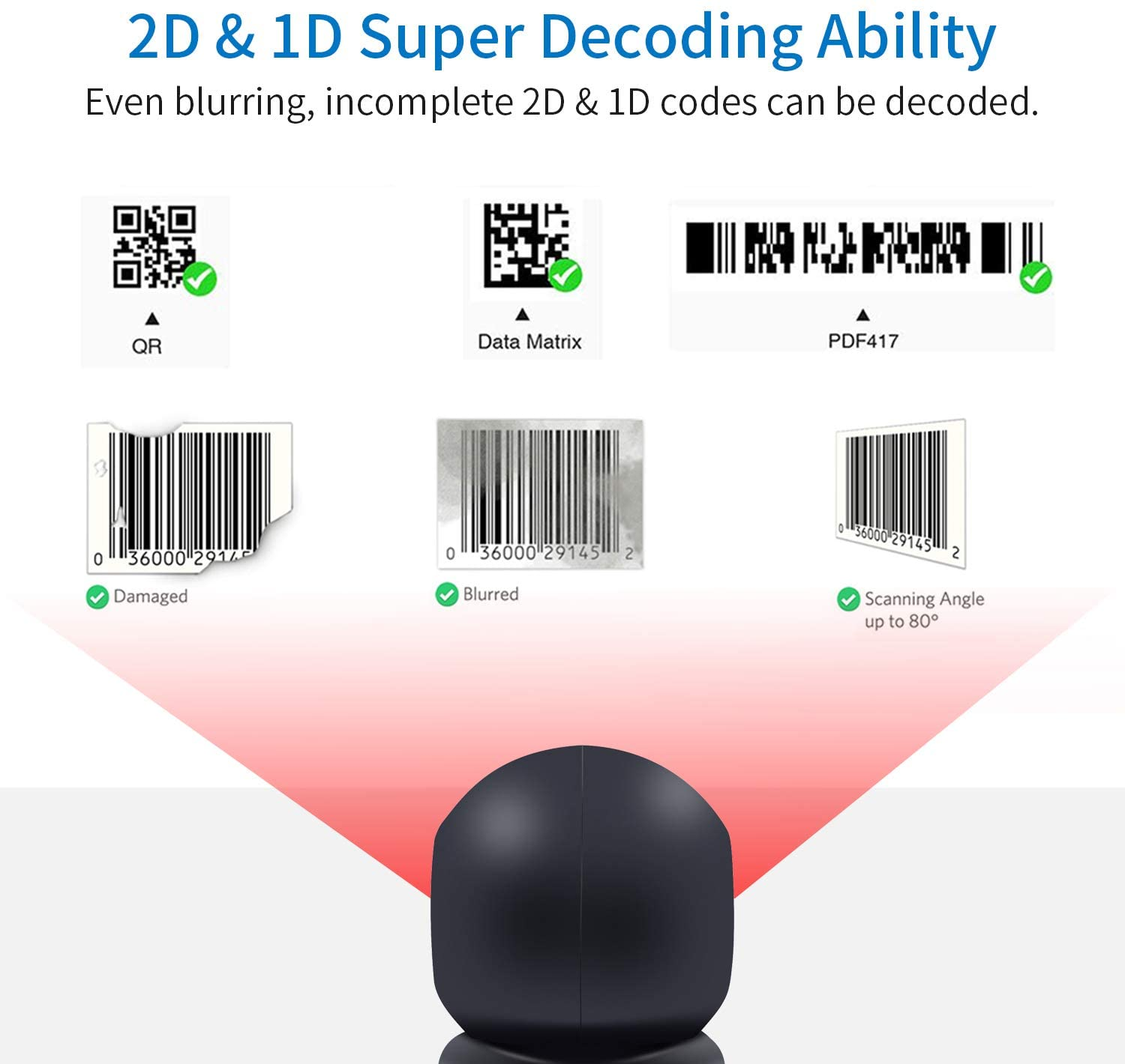 Symcode 1D 2D QR Desktop Barcode Scanner, Omnidirectional Hands-Free Automatic USB Barcode Reader Scanner, Capture Barcodes from Mobile Phone Screen, Automatic Image Sensing Barcode Scanner image number 3