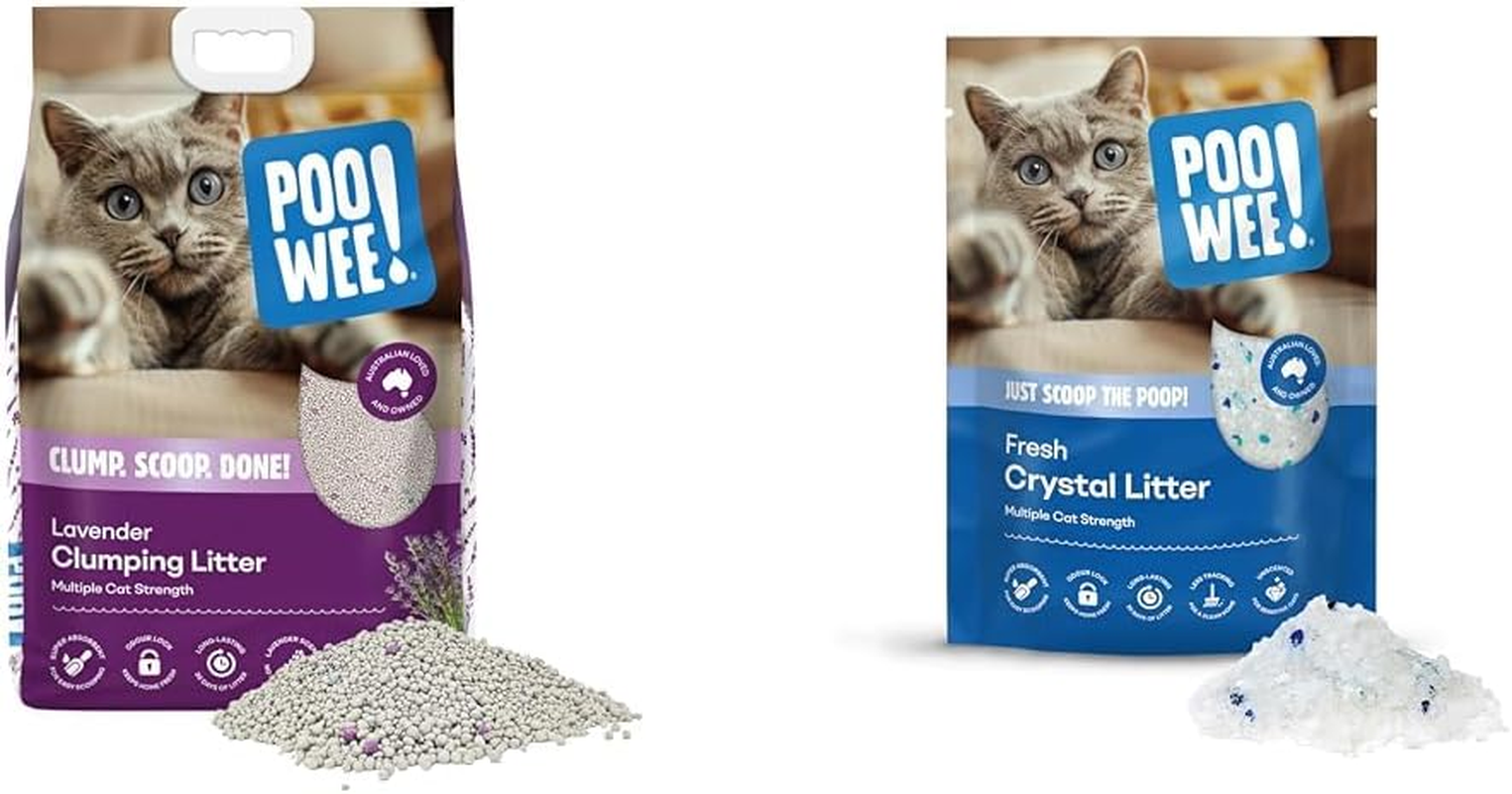 POOWEE! Cat Litter Lavender & Crystal Bundle - Clumping Lavender Litter (7.5Kg) + Fresh Crystal Litter (2Kg) - Odour Neutraliser, Easy to Clean the Litter Tray
