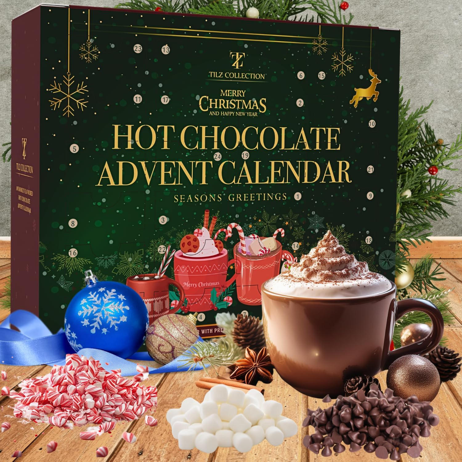 2023 Advent Calendar: 24-Day Set with Hot Chocolate Selection, Marshmallows, Candy Canes, Chocolate Drops - 12 Flavors image number 3