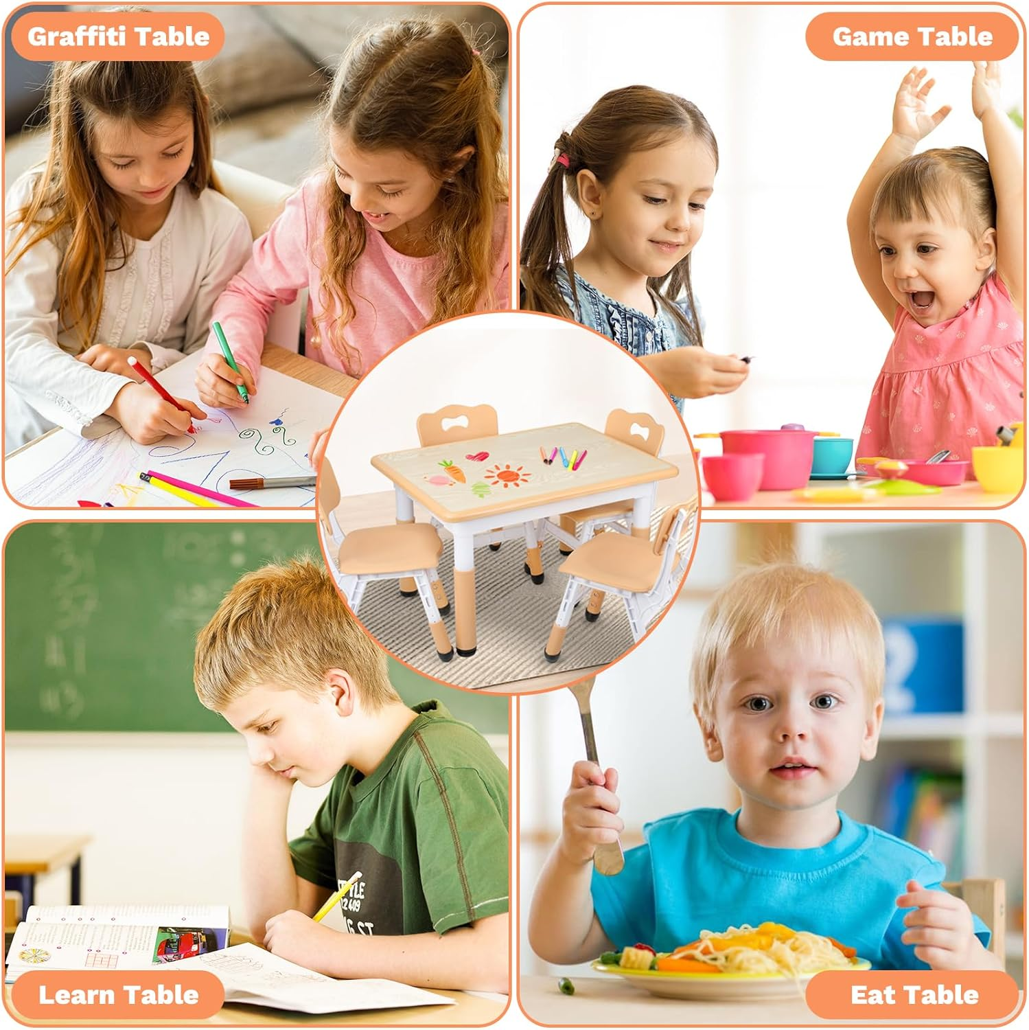 Omebel Kids Table and 4 Chairs Set, Height Adjustable Toddler Table and Chair Set, Graffiti Desktop, Classroom/Daycare/Home, Children Multi-Activity Toddler Table for Ages 2-8 image number 3