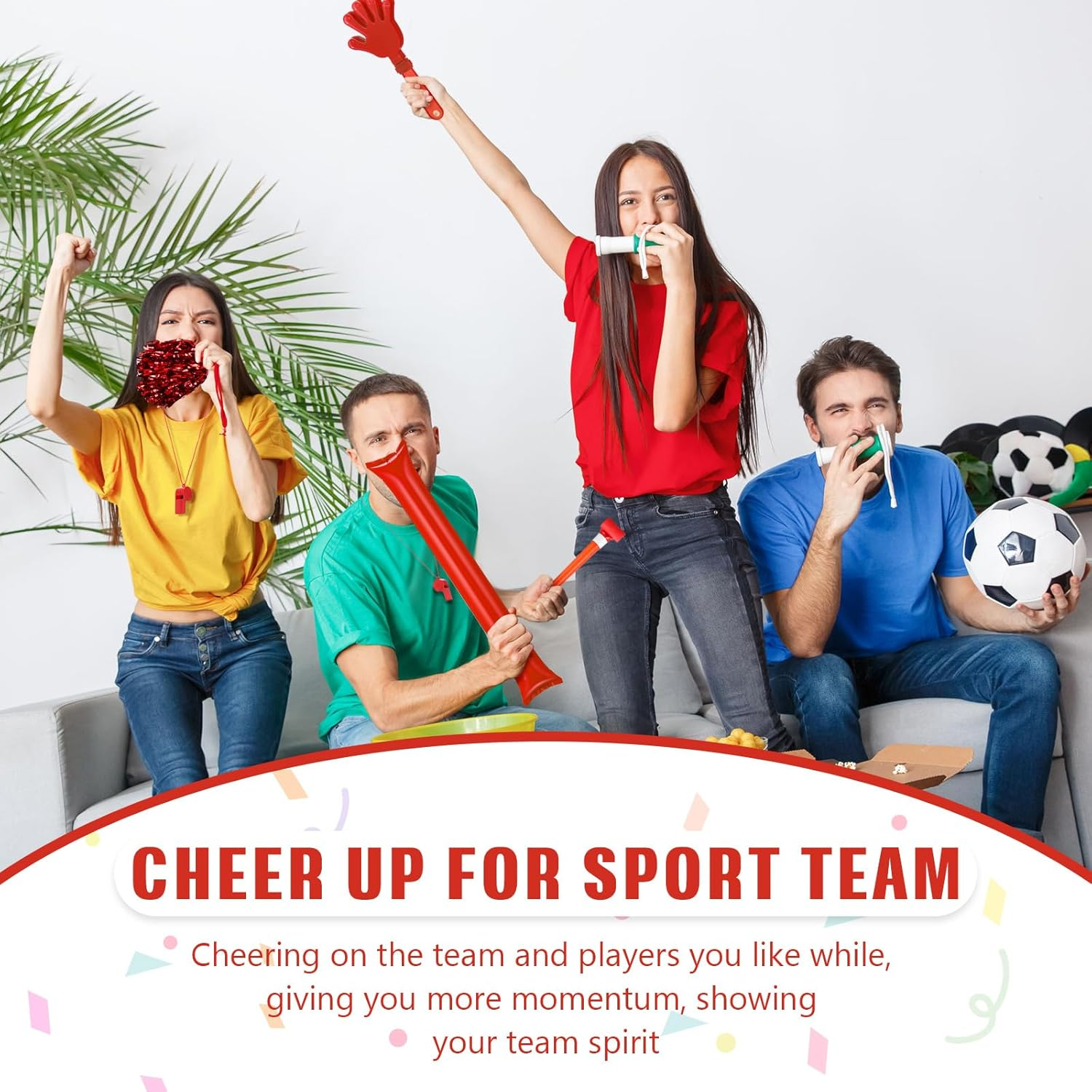 48 Pcs Cheerleading Pom Poms Thunder Sticks Hand Clappers Plastic Whistles with Lanyards Squawker Horns image number 4