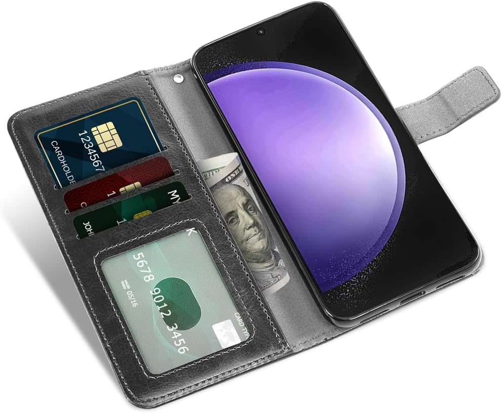 Compatible with Samsung Galaxy S23 Fe 5G Wallet Case Tempered Glass Screen Protector and Leather Flip Cover Card Holder Credit ID Stand Cell Accessories Phone Cases for S 23Fe S23FE G5 Women Men Black image number 2