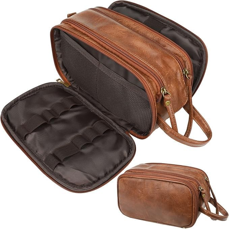 Water-Resistant Leather Toiletry Bag for Men, Large Travel Wash Bag Shaving Dopp Kit Bathroom Toiletries Makeup Organizer (Brown) image number 6