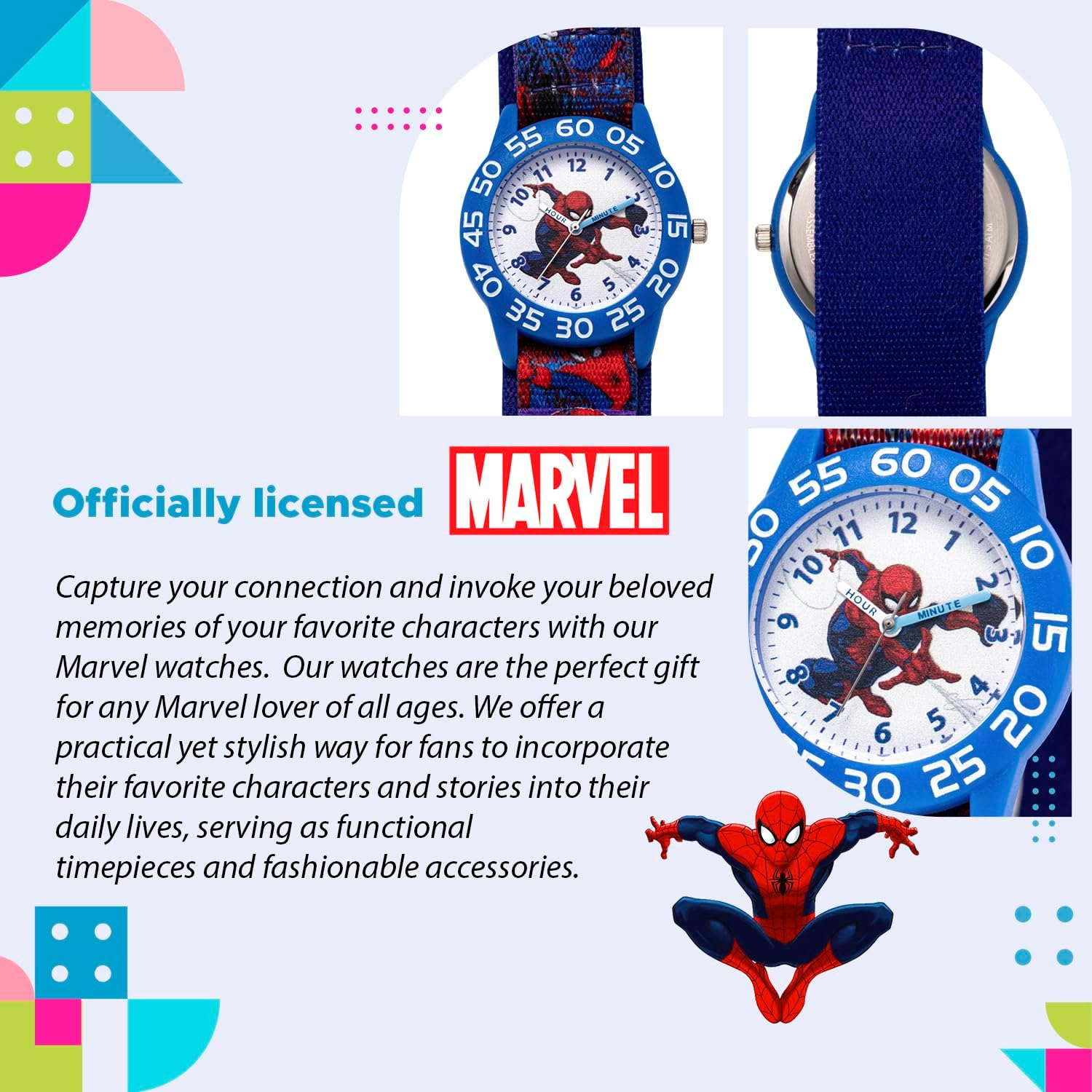 MARVEL Spider-Man Kids' Plastic Time Teacher Analog Quartz Nylon Strap Watch, Blue/Multi, Analog Spider-Man Watch image number 5