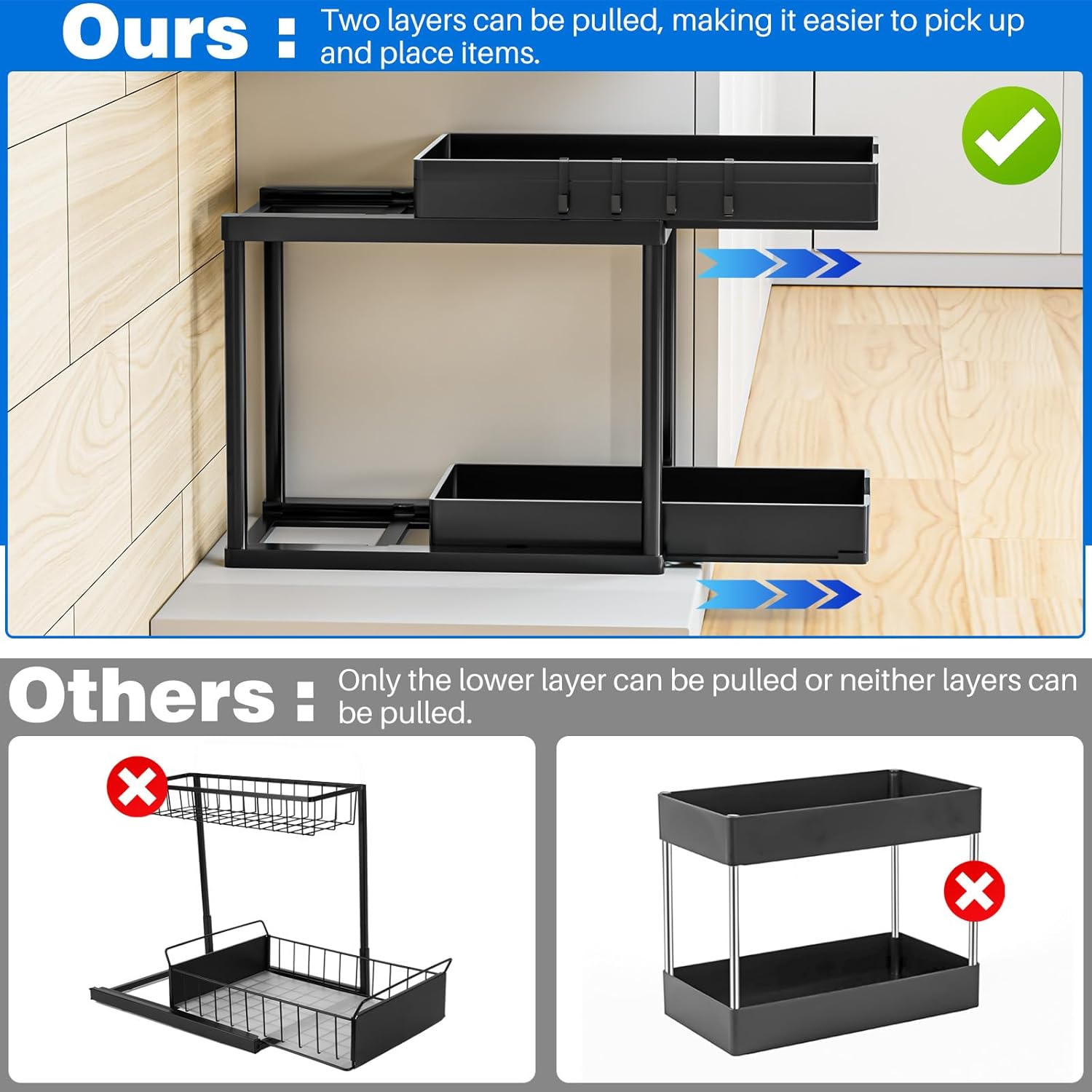 2 Pack Double Sliding under Sink Organizers and Storage, Kitchen Accessories, Two Tier Bathroom Storage and Organization, under Cabinet Organizer with Hooks, Home Organization, Black