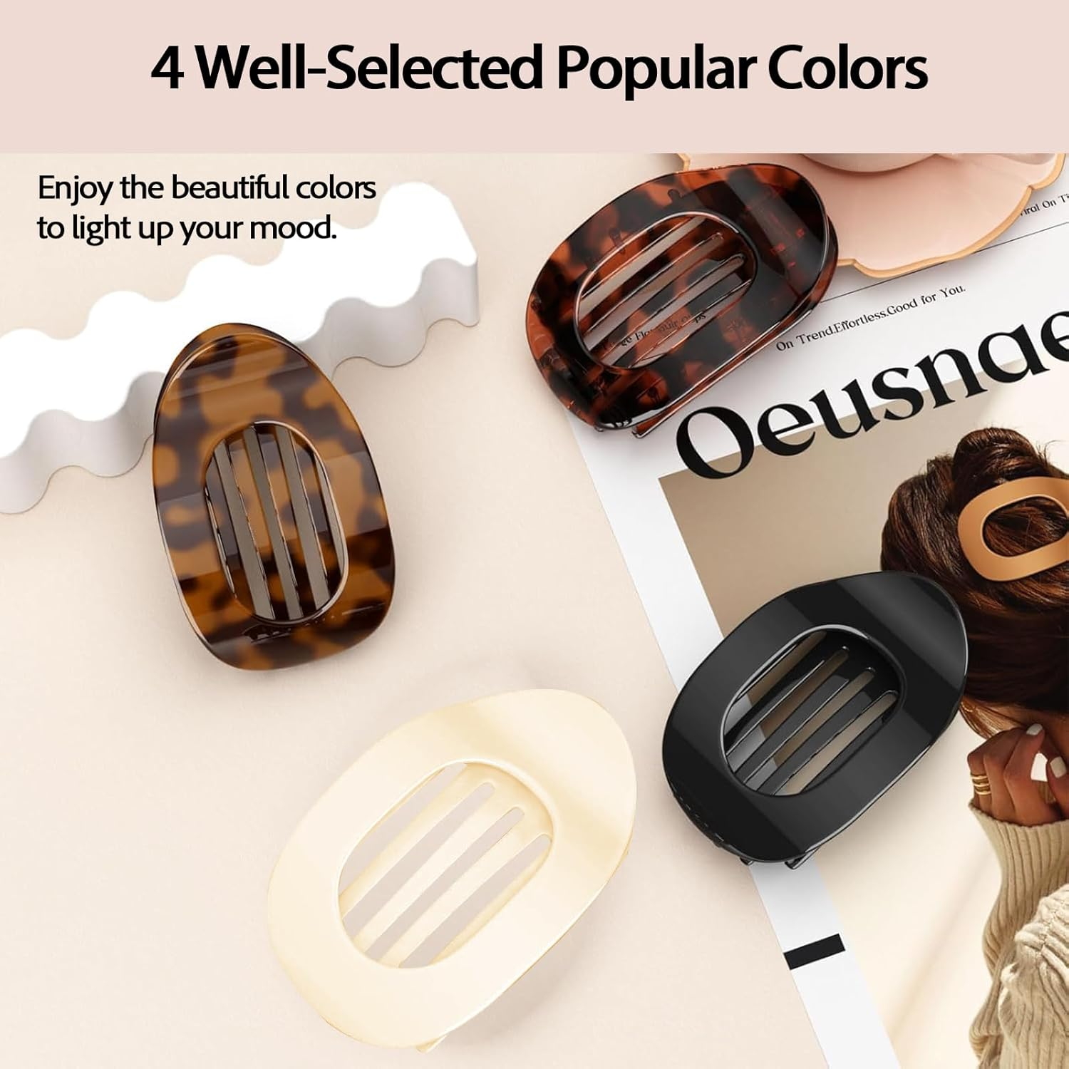 Vivasmile 4 PCS Flat Hair Clips for Women, Curved Design Hair Clips for Lying, Driving - Matte Strong Hold Hair Claw Clips for Thin, Thick Hair, Hair Accessories for Women and Girls (Leopard)